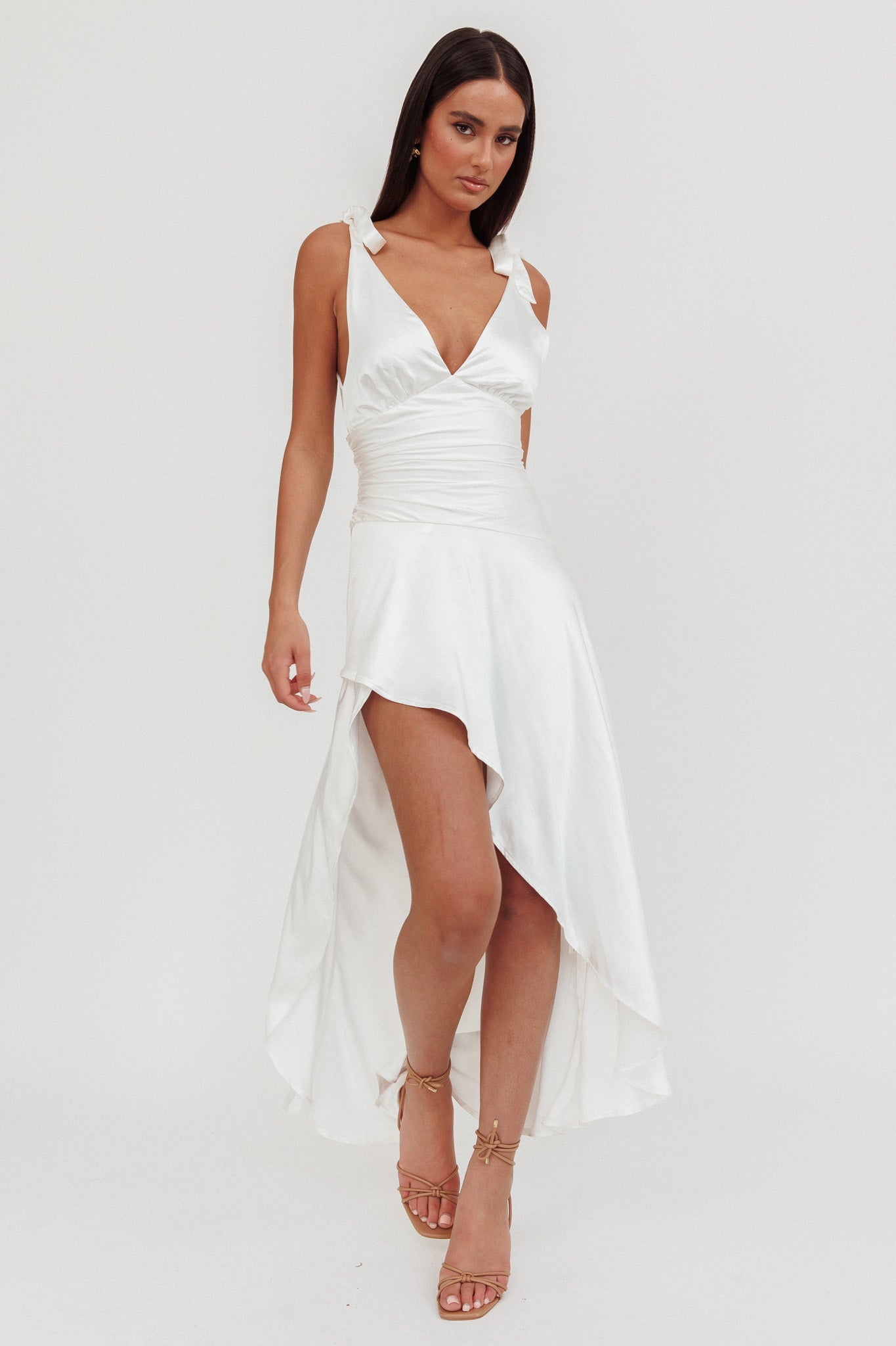 Aquila Tied Shoulder High-Low Hem Dress Oyster by Selfie Leslie