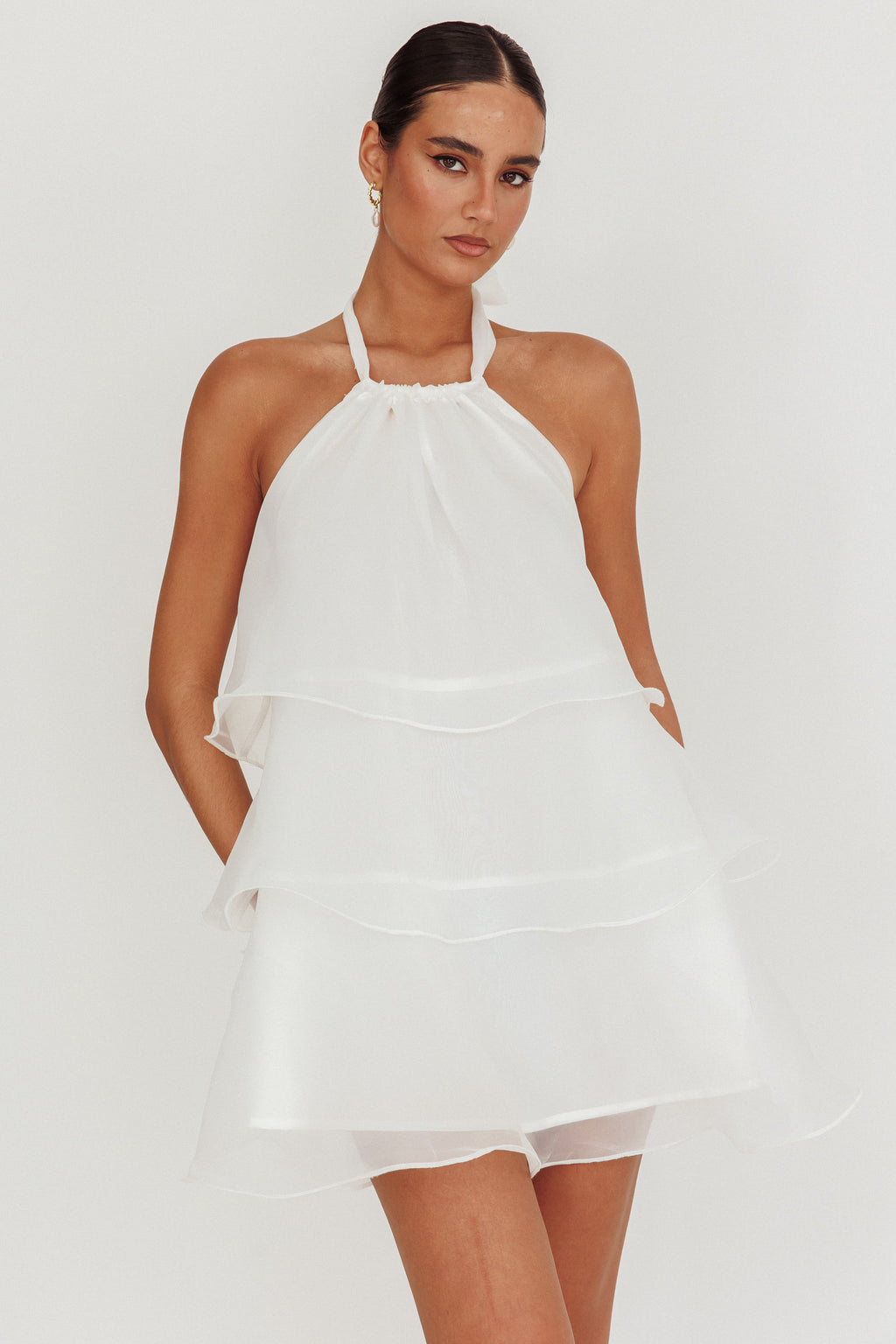 Tulips Tiered Halterneck Mini Dress White by Selfie Leslie
