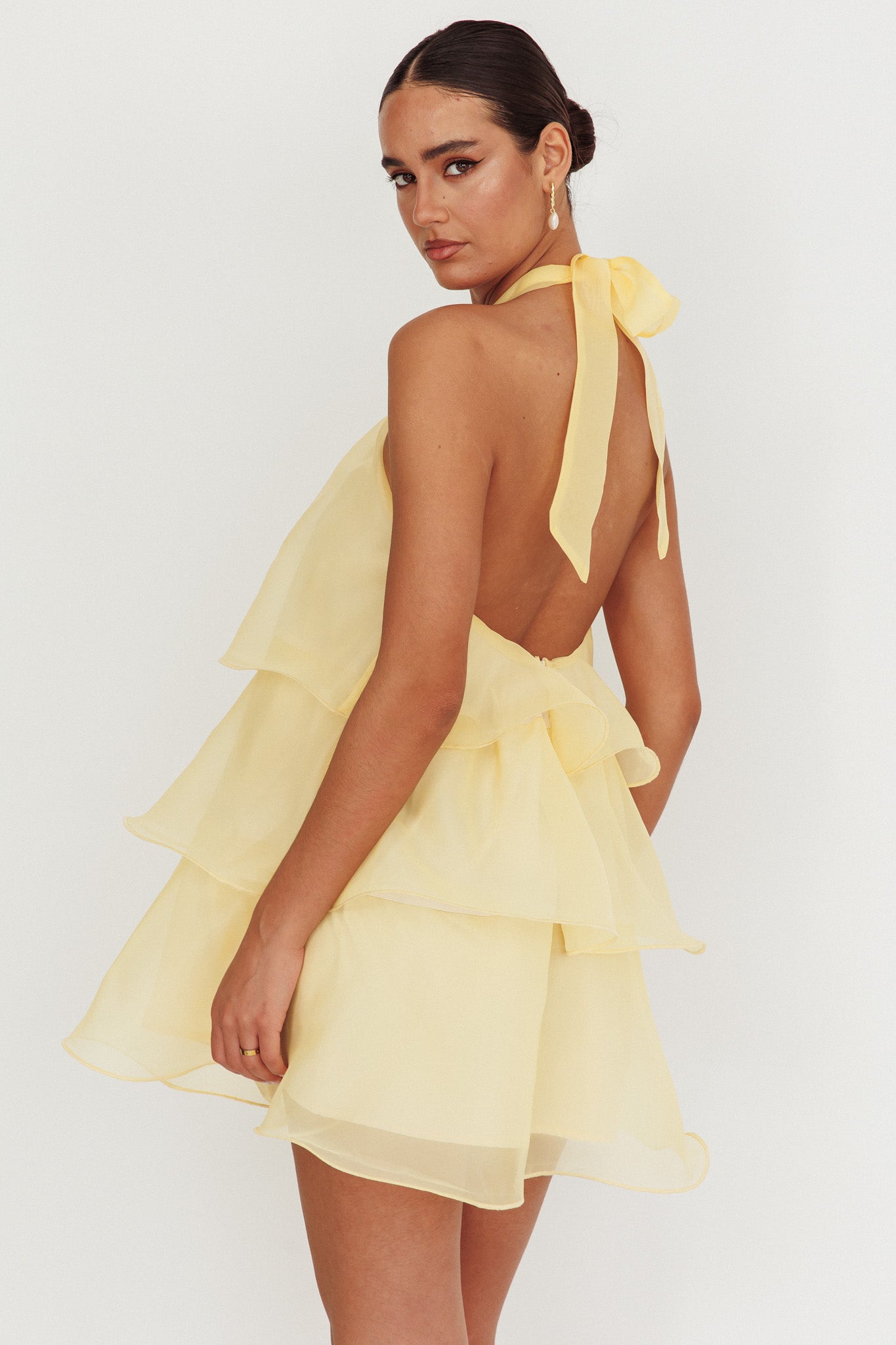 mini tiered dress Tulips Tiered Halterneck Mini Dress Lemon