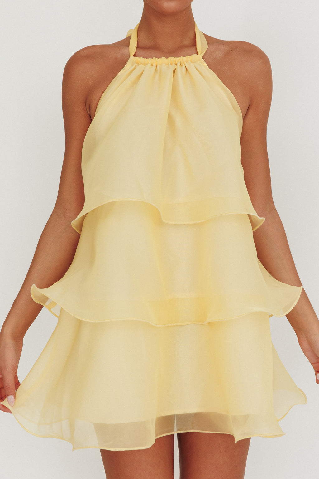petite halterneck gold trim tiered mini dress Tulips Tiered Halterneck Mini Dress Lemon