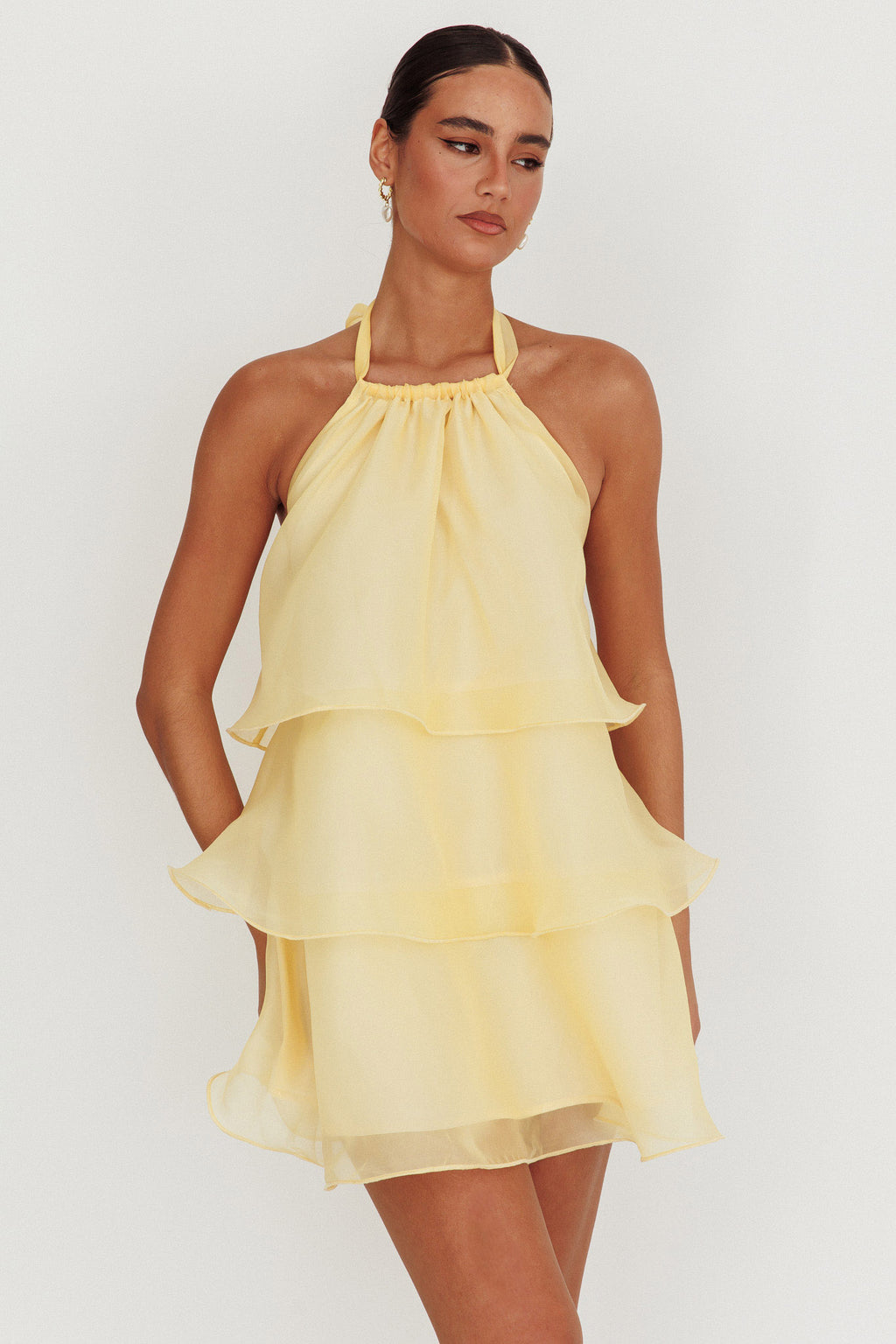 Tulips Tiered Halterneck Mini Dress Lemon by Selfie Leslie