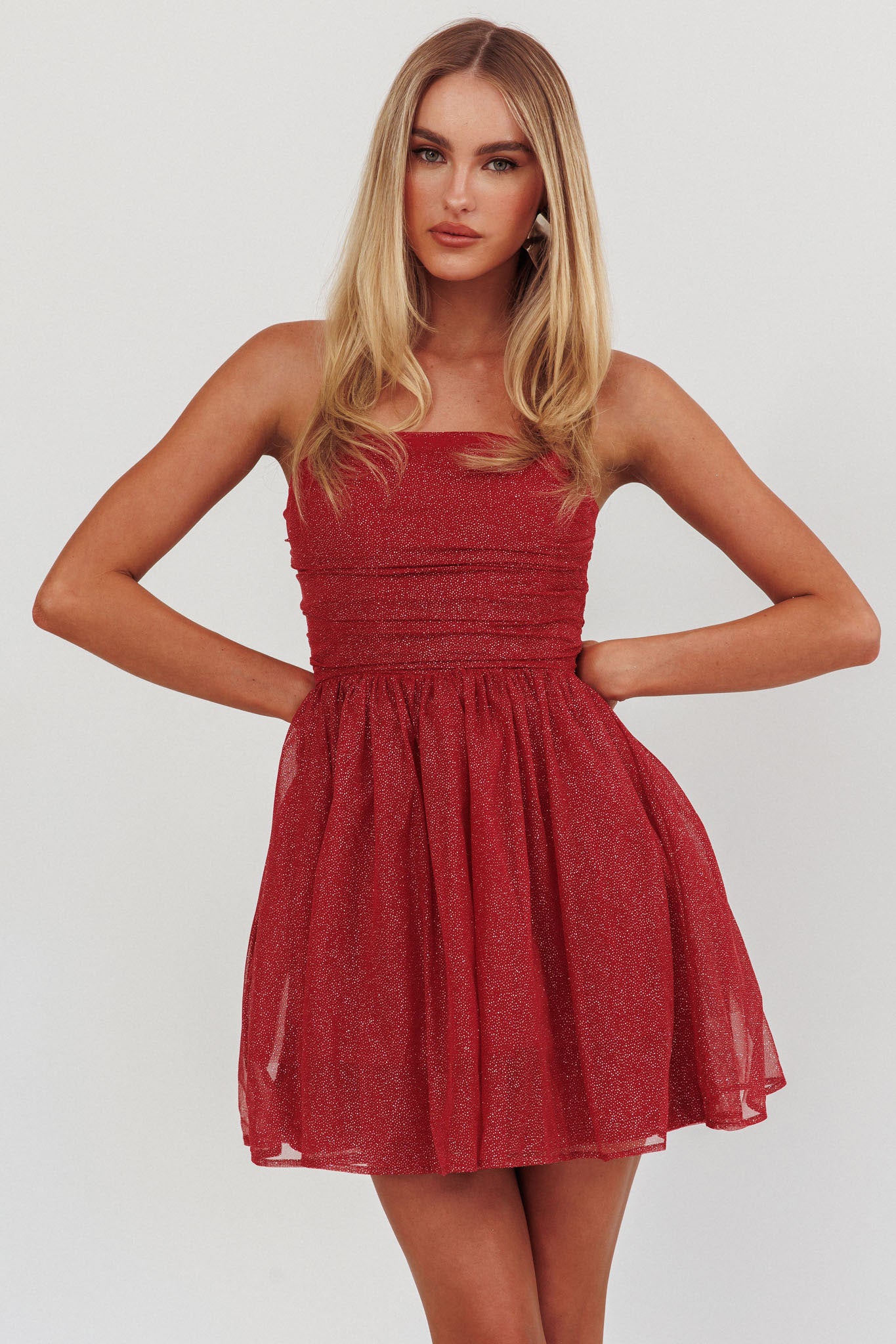 Guilty Pleasure Strapless Glitter Mini Dress Red by Selfie Leslie