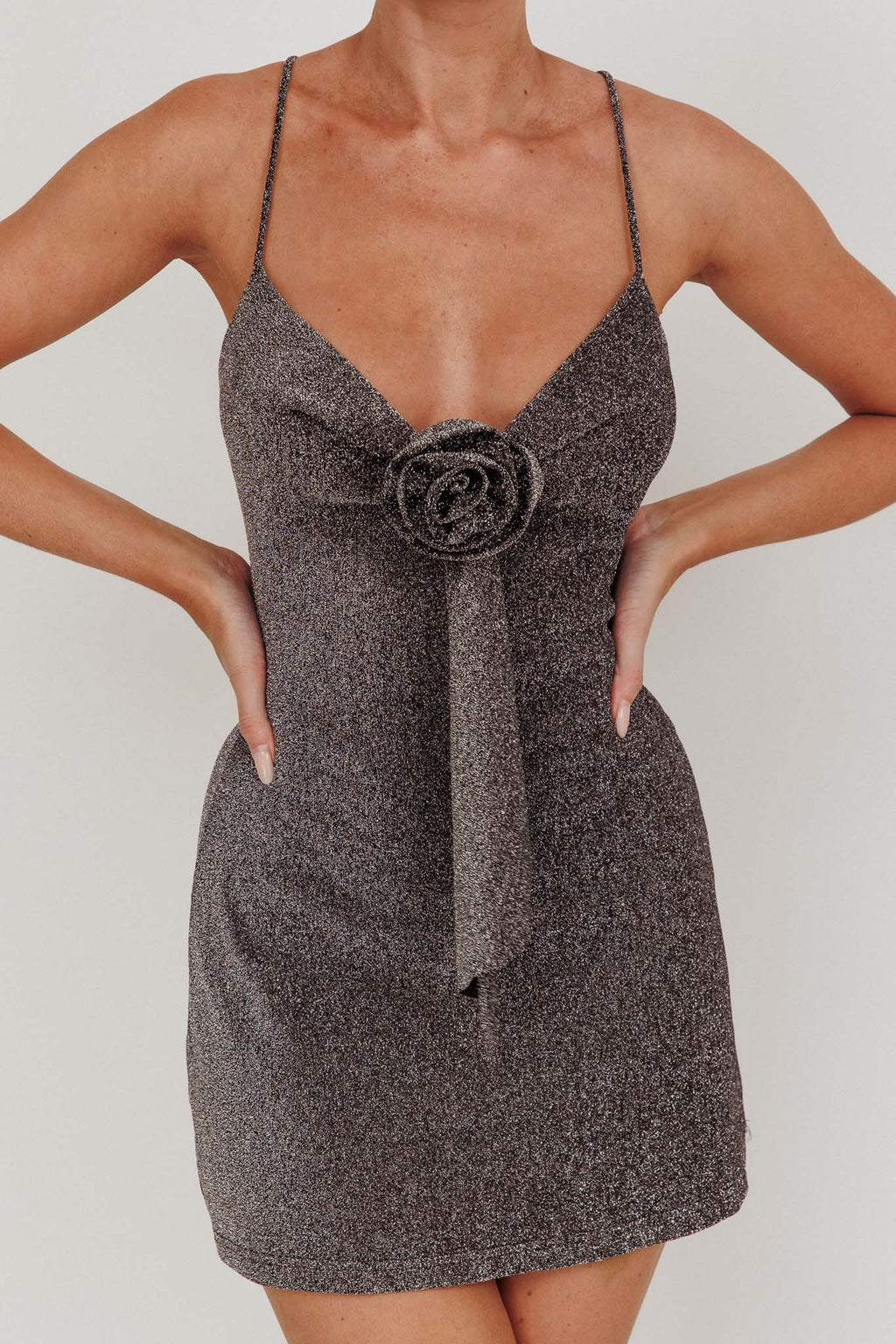 Addicted Glitter Rosette Mini Dress Charcoal by Selfie Leslie