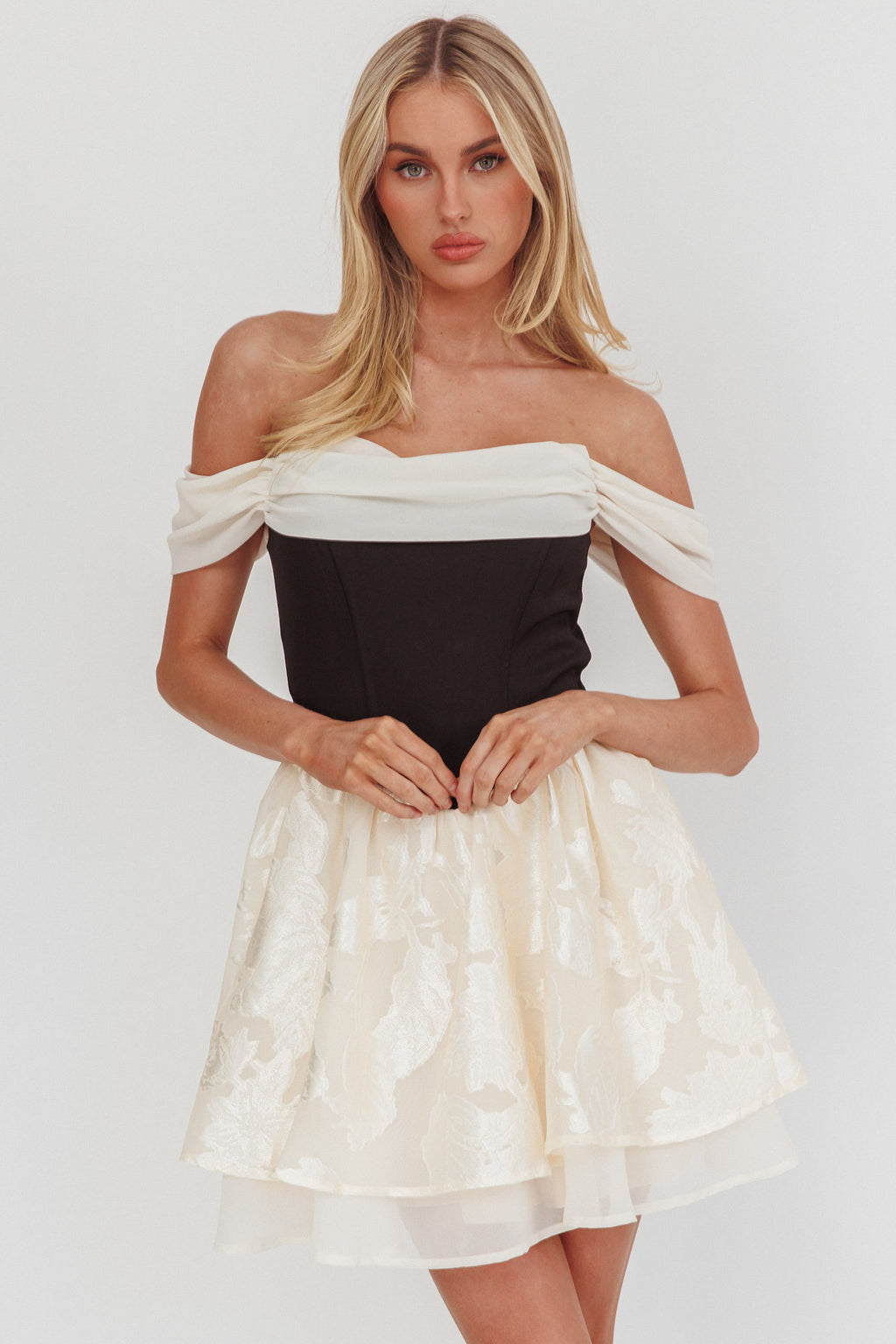 Lusting Off Shoulder Mini Dress Black/Cream by Selfie Leslie