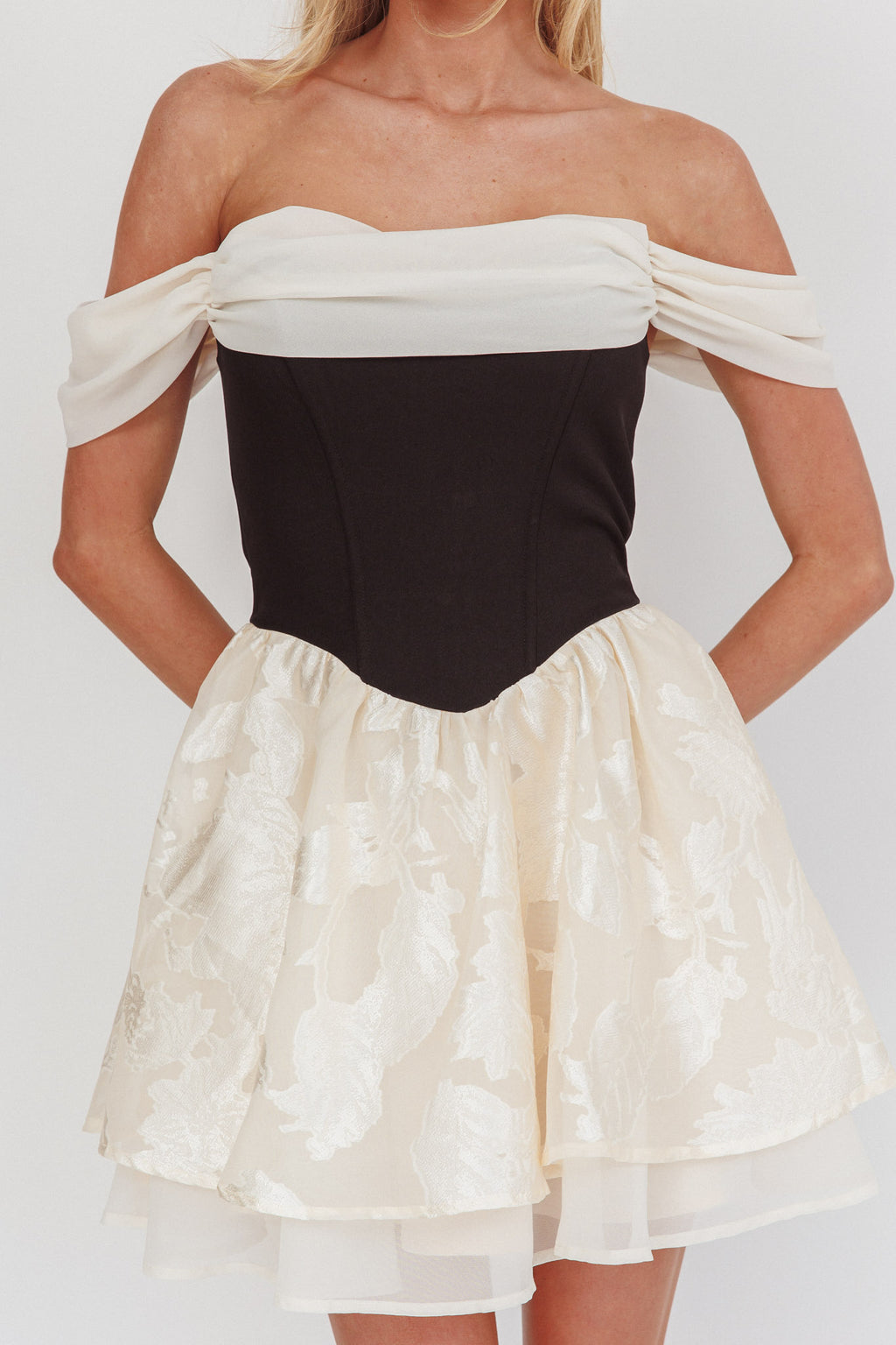 Lusting Off Shoulder Mini Dress Black/Cream by Selfie Leslie