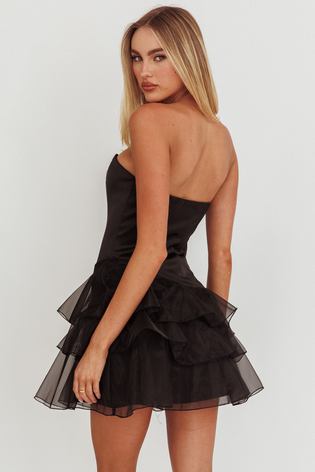 Bless Strapless Organza Ruffle Mini Dress Black by Selfie Leslie