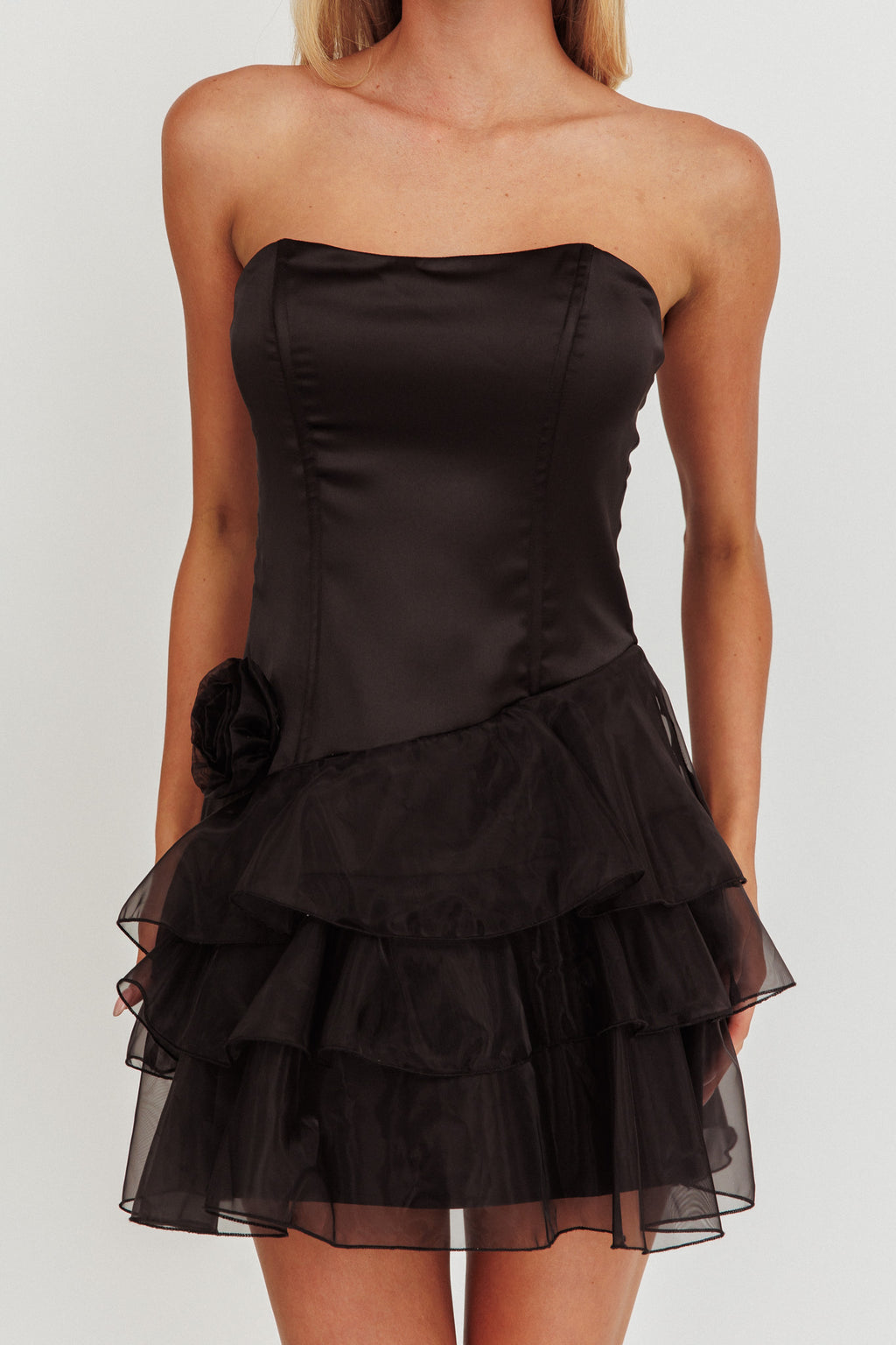 Bless Strapless Organza Ruffle Mini Dress Black by Selfie Leslie