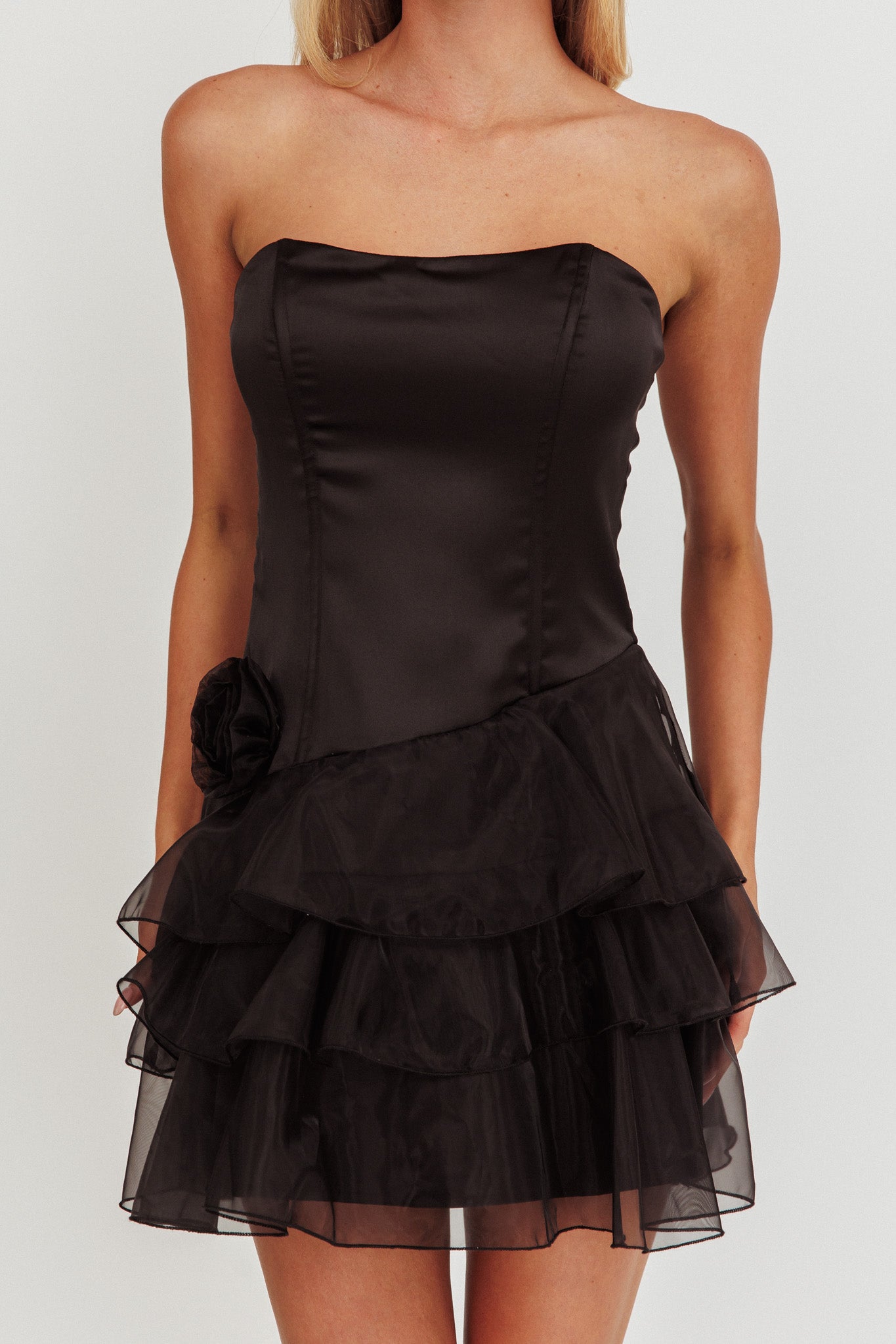 Bless Strapless Organza Ruffle Mini Dress Black by Selfie Leslie