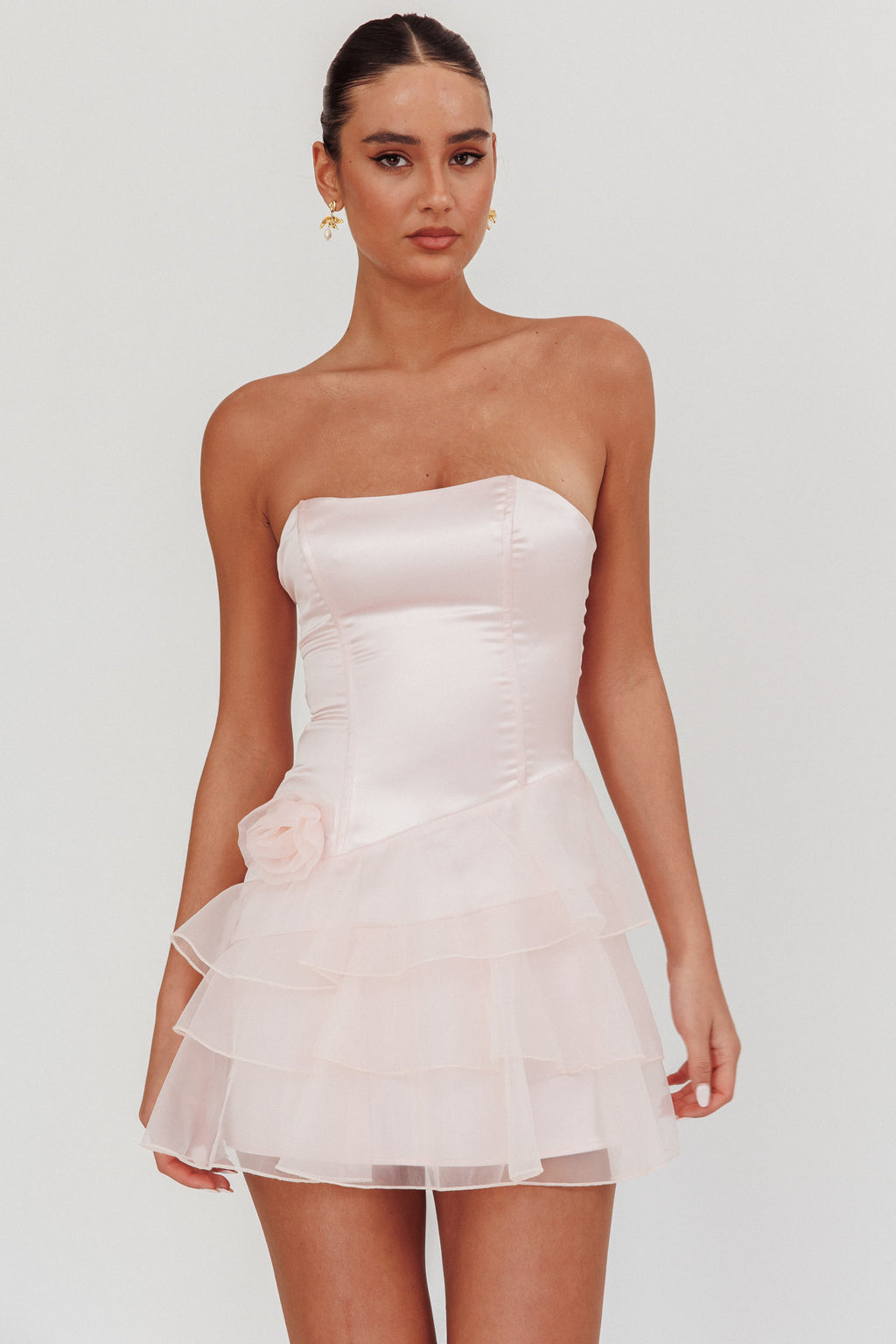 glitter rush strapless ruffle mini dress Women's Dresses Bless Strapless Organza Ruffle Mini Dress Cream L by Selfie Leslie main image 1