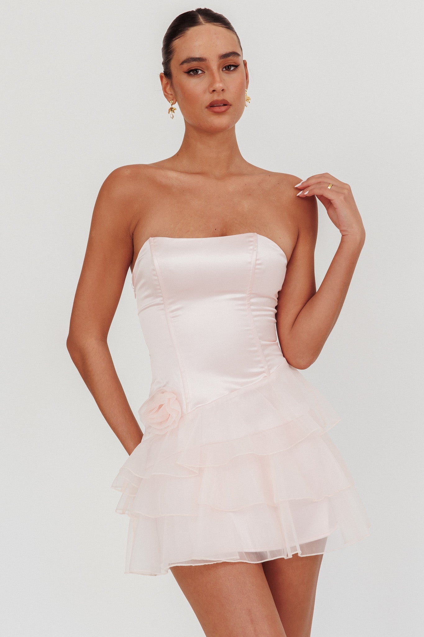 Bless Strapless Organza Ruffle Mini Dress Blush | Selfie Leslie