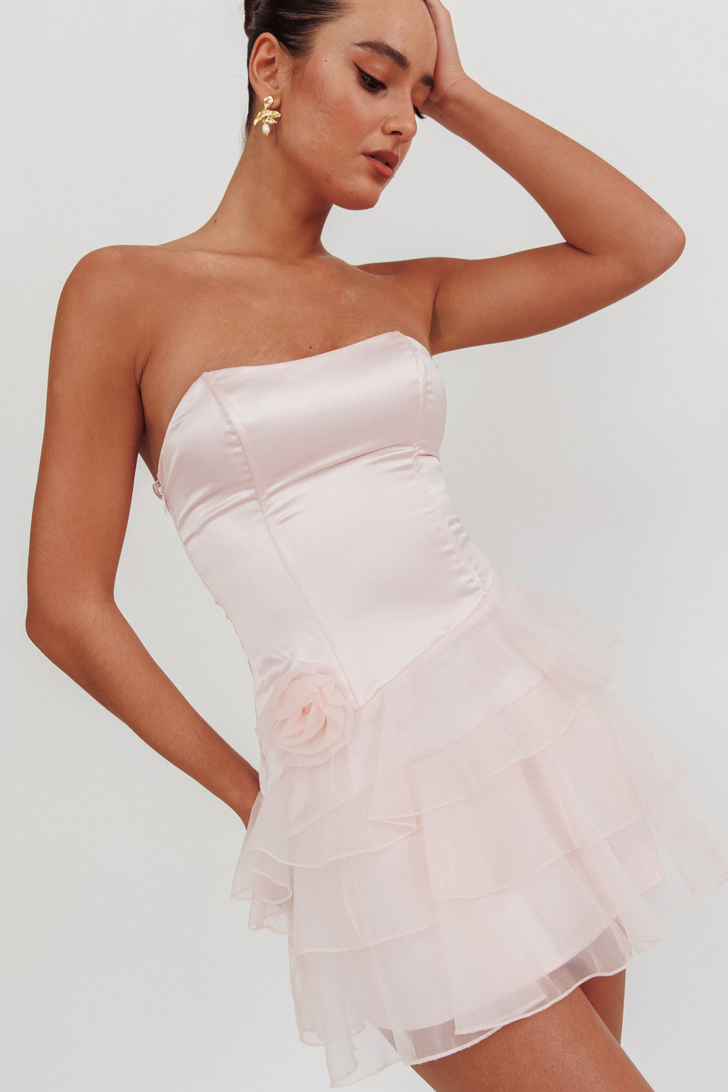 Bless Strapless Organza Ruffle Mini Dress Blush by Selfie Leslie