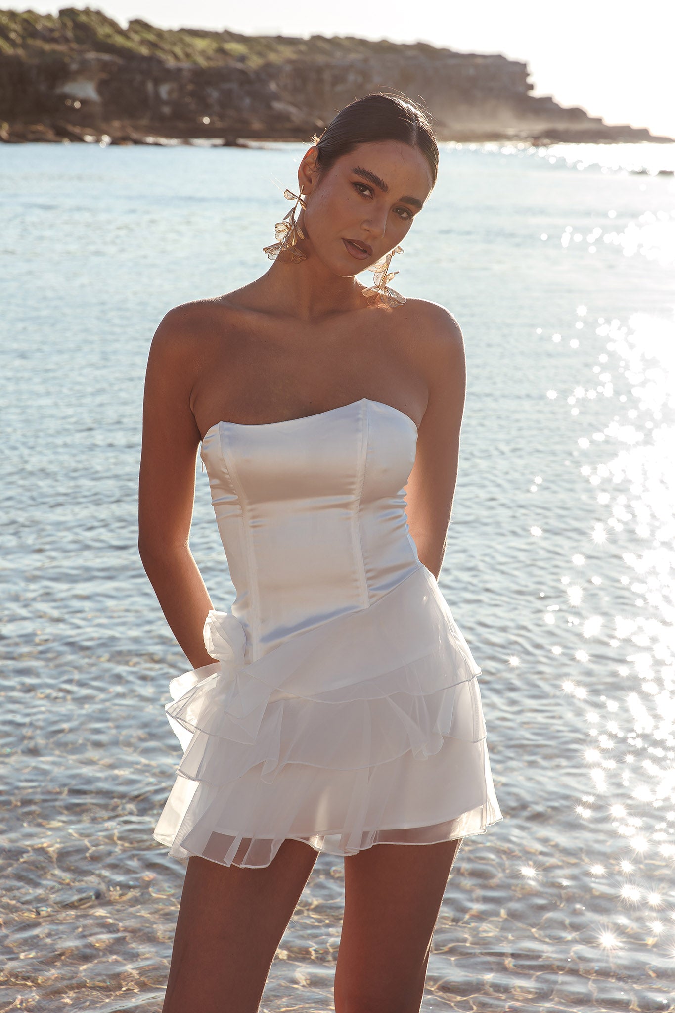 Shop the Bless Strapless Organza Ruffle Mini Dress Cream
