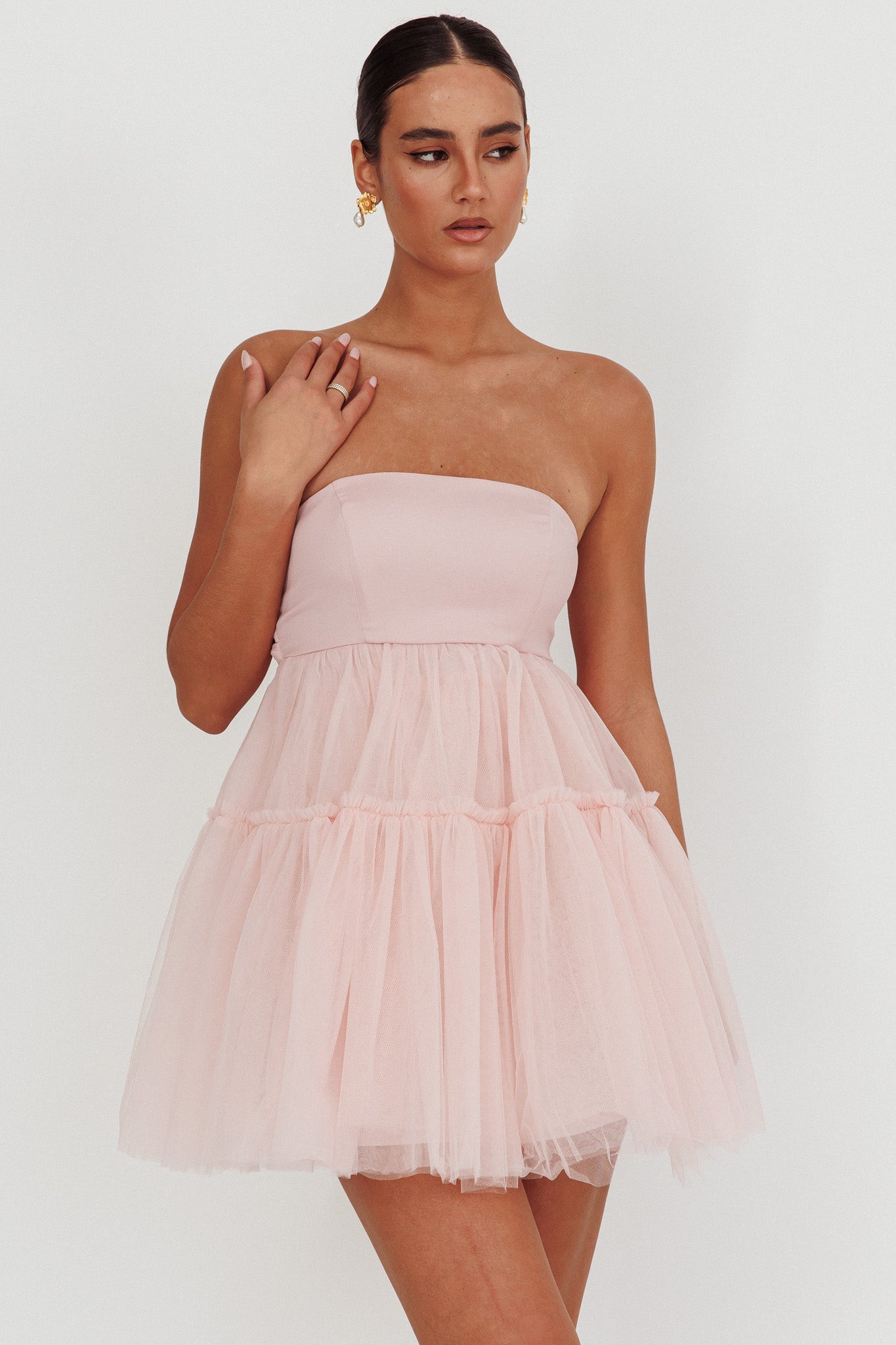 Dreamscape Strapless Tulle Mini Dress Blush by Selfie Leslie