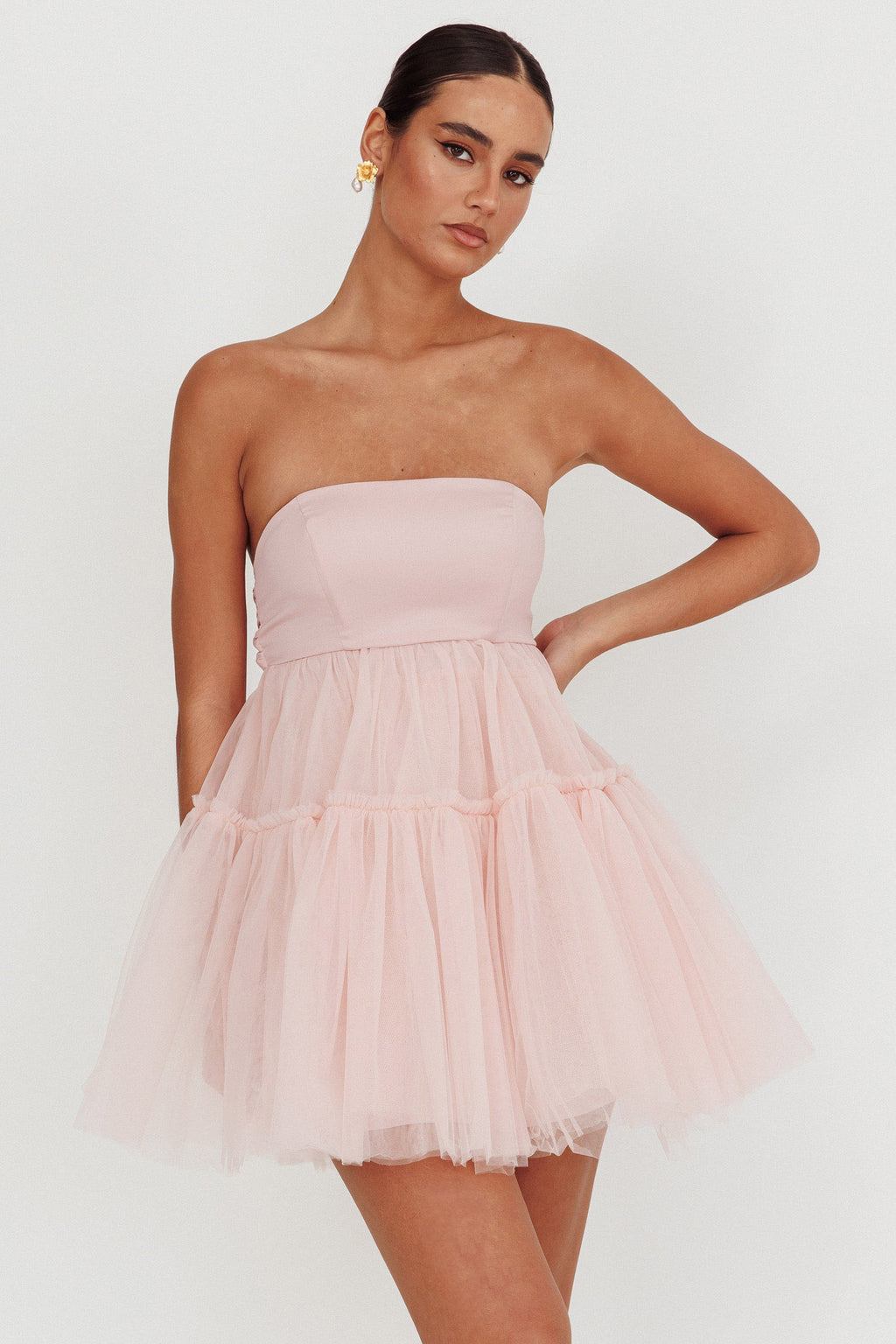 Dreamscape Strapless Tulle Mini Dress Blush by Selfie Leslie