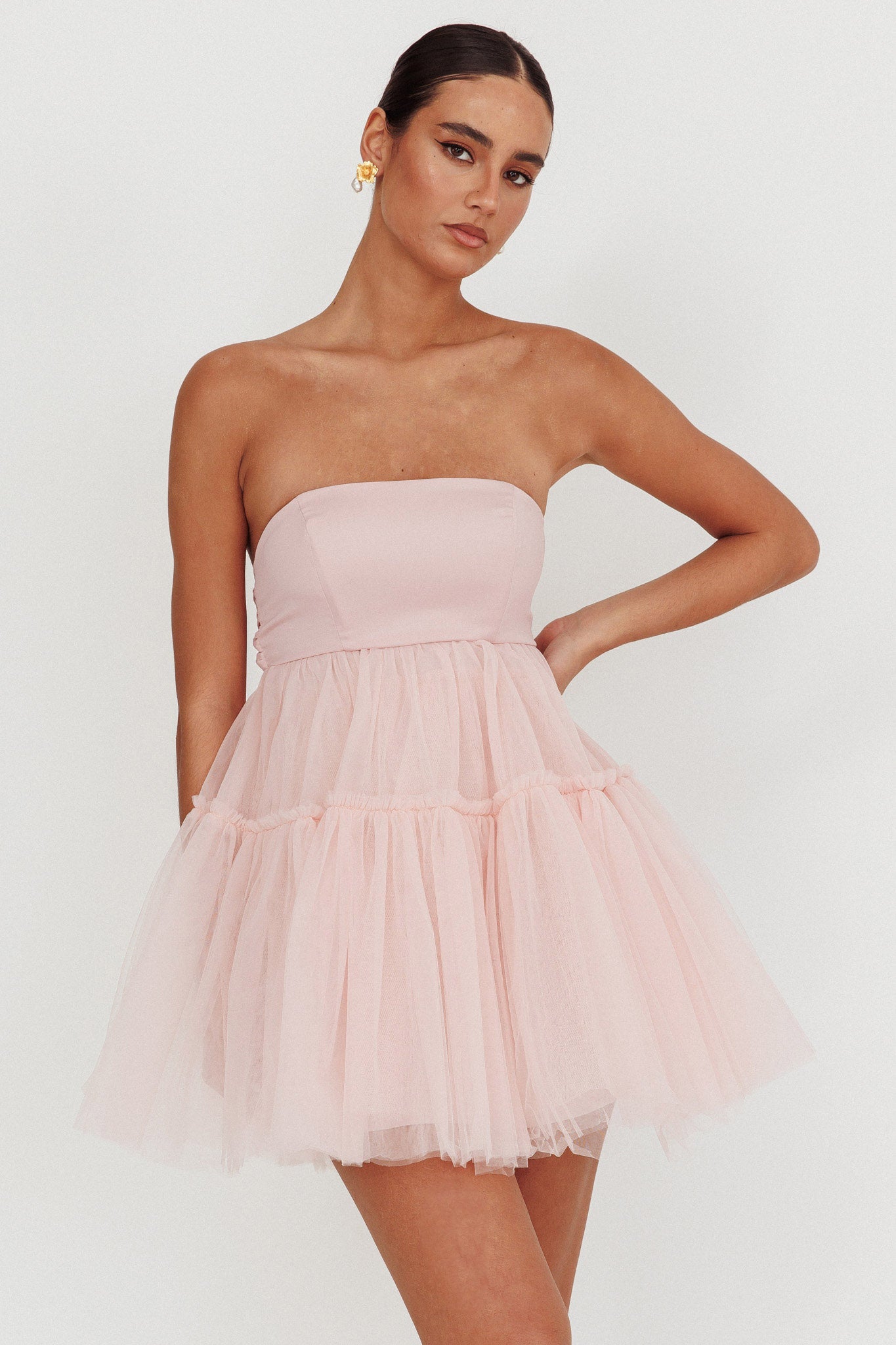 Dreamscape Strapless Tulle Mini Dress Blush by Selfie Leslie