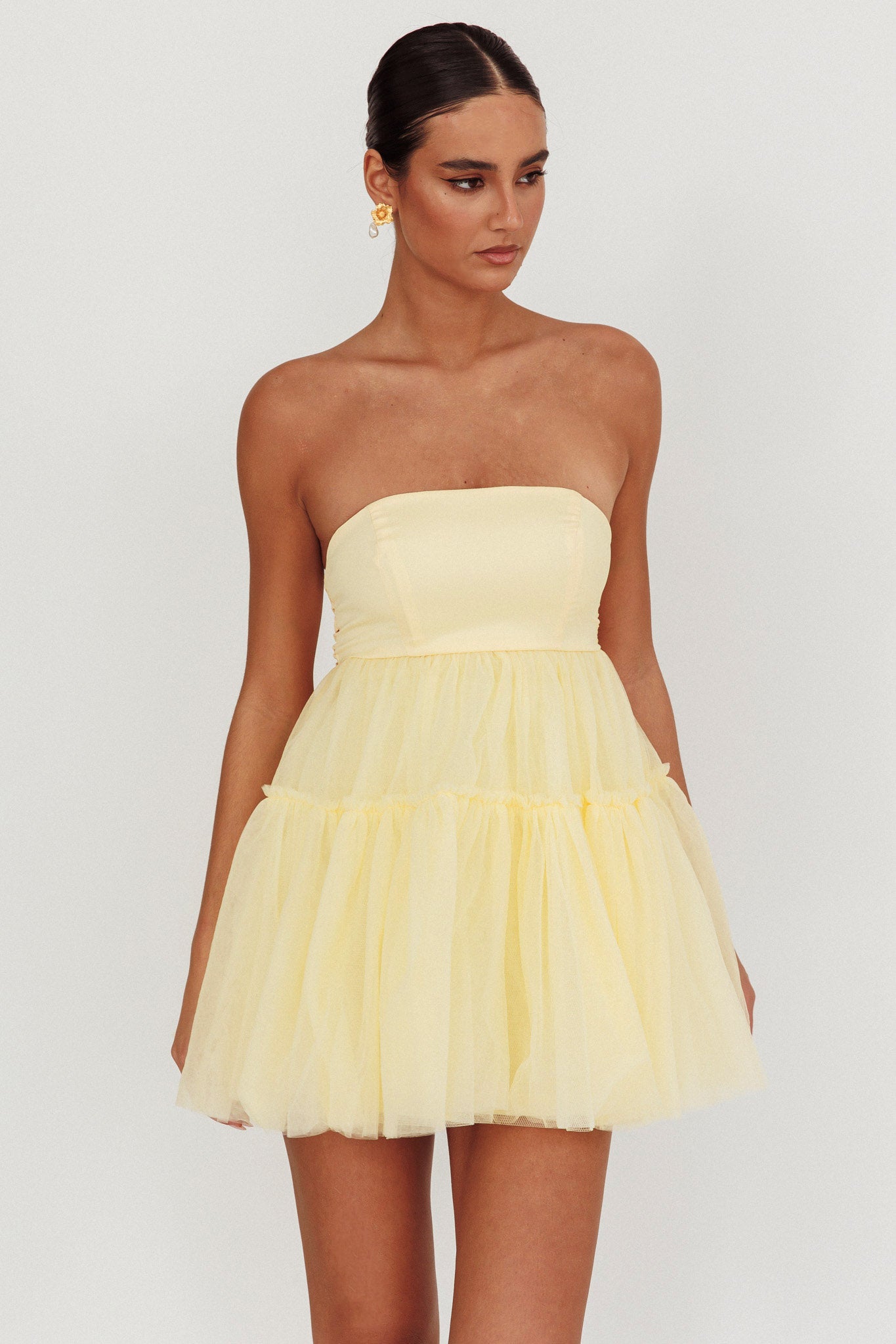 Dreamscape Strapless Tulle Mini Dress Lemon by Selfie Leslie