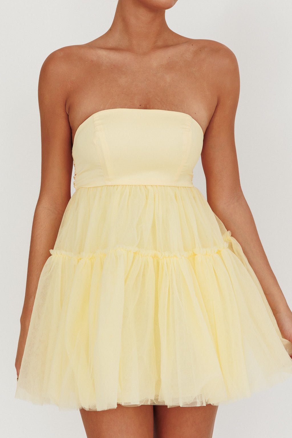 Dreamscape Strapless Tulle Mini Dress Lemon by Selfie Leslie