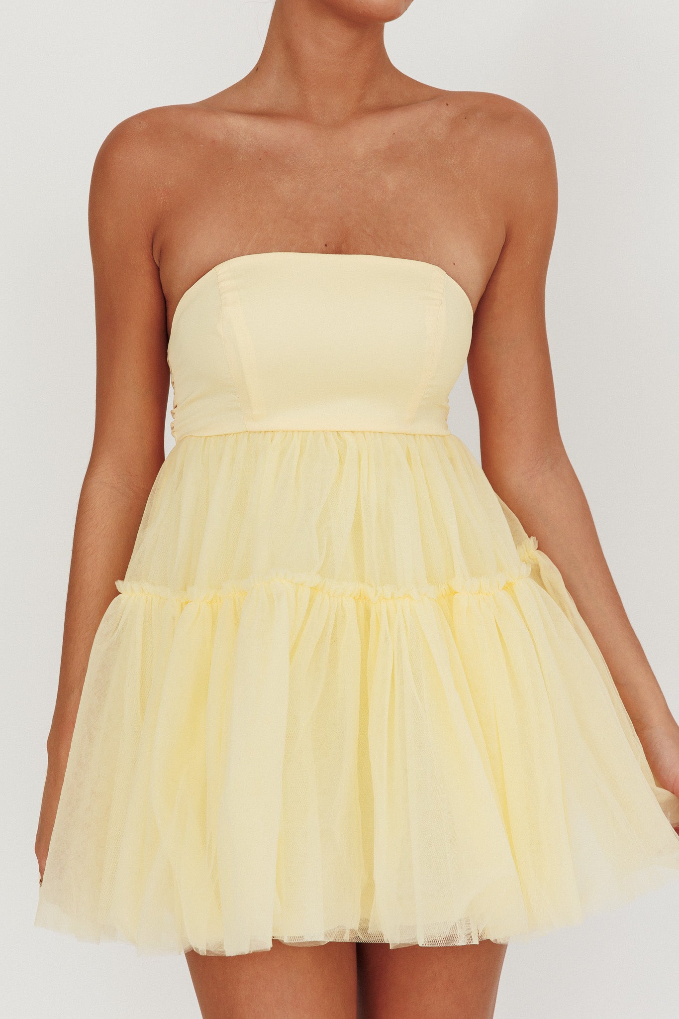 Dreamscape Strapless Tulle Mini Dress Lemon by Selfie Leslie