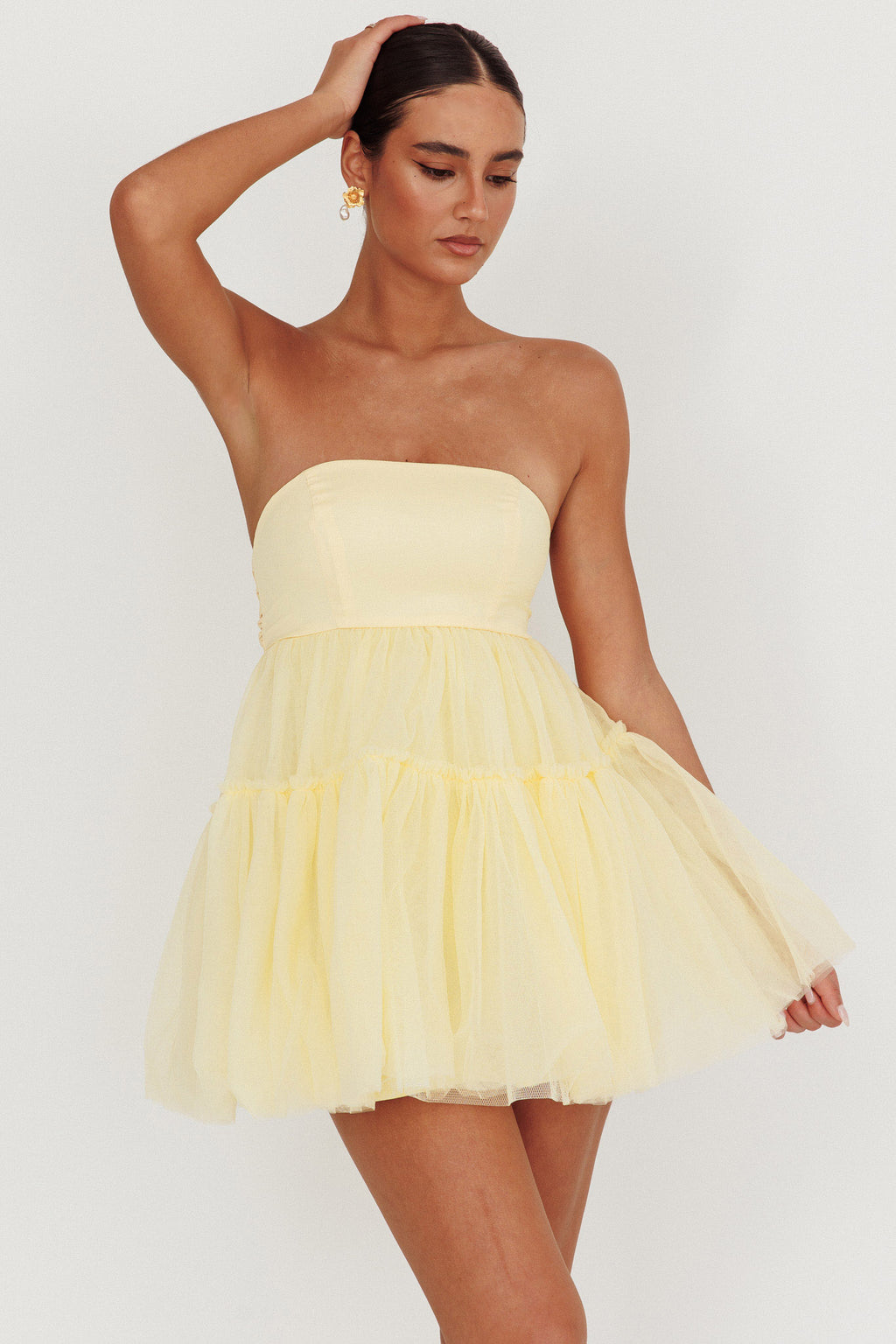 Dreamscape Strapless Tulle Mini Dress Lemon by Selfie Leslie