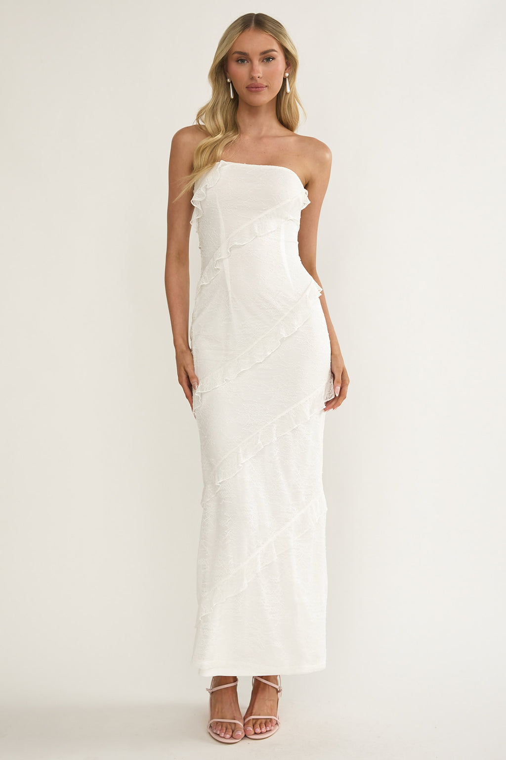 Metrics Strapless Frill Maxi Dress White by Selfie Leslie