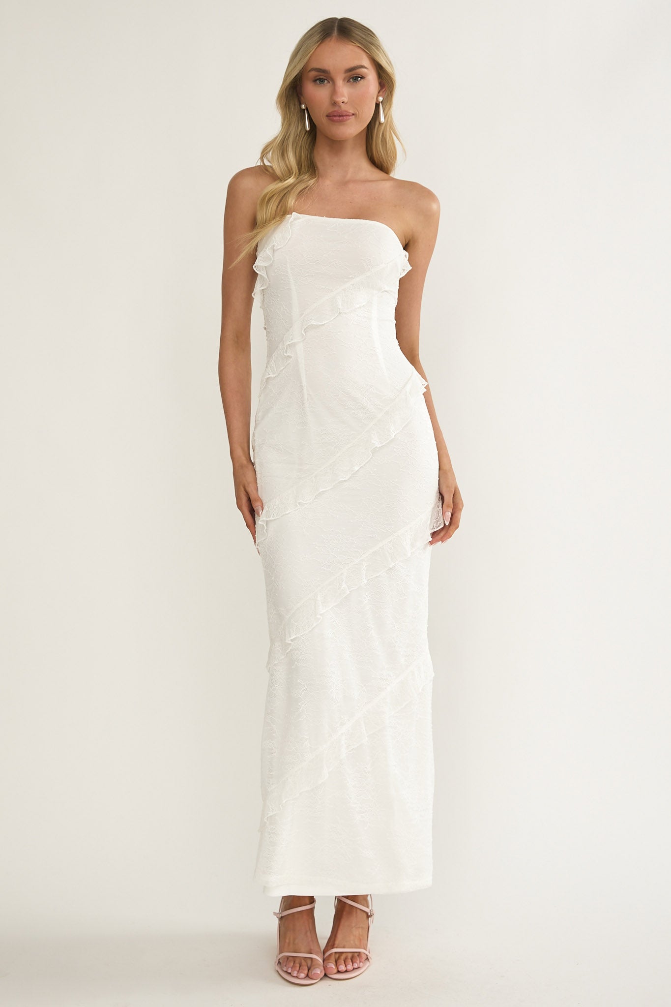 Metrics Strapless Frill Maxi Dress White by Selfie Leslie