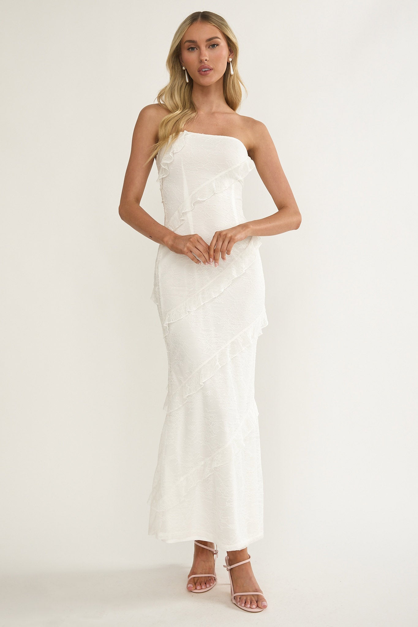 Metrics Strapless Frill Maxi Dress White | Selfie Leslie