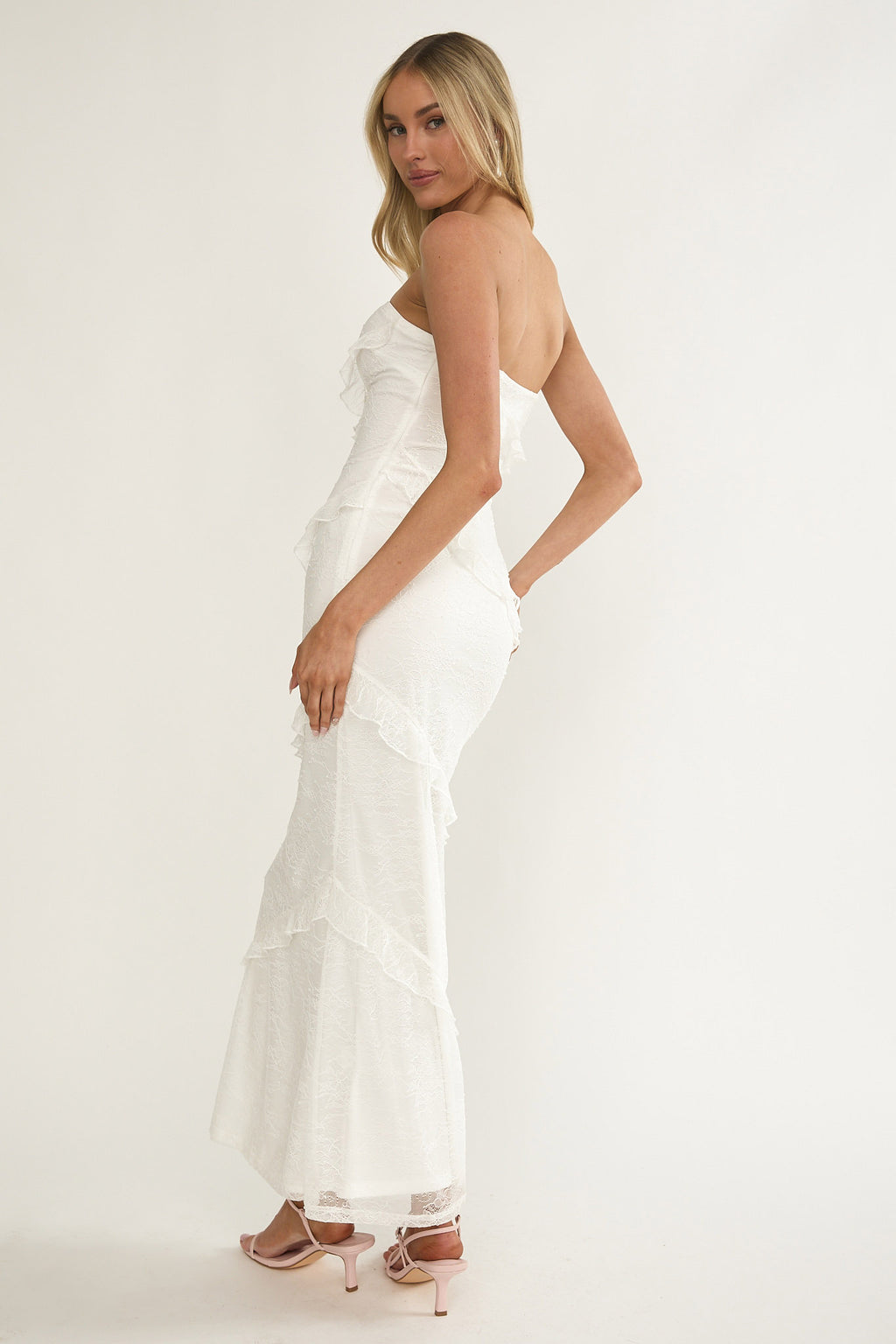 Metrics Strapless Frill Maxi Dress White by Selfie Leslie