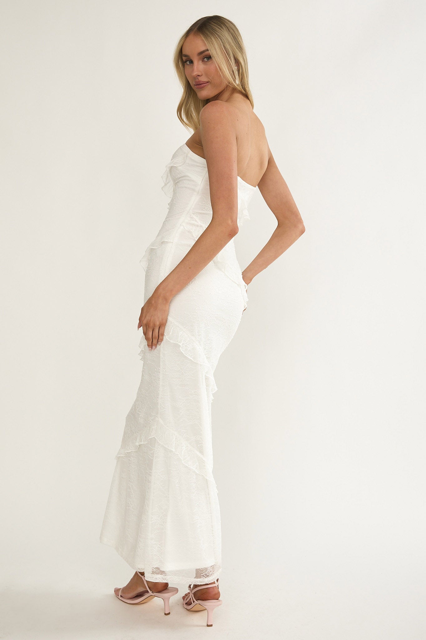 Metrics Strapless Frill Maxi Dress White by Selfie Leslie