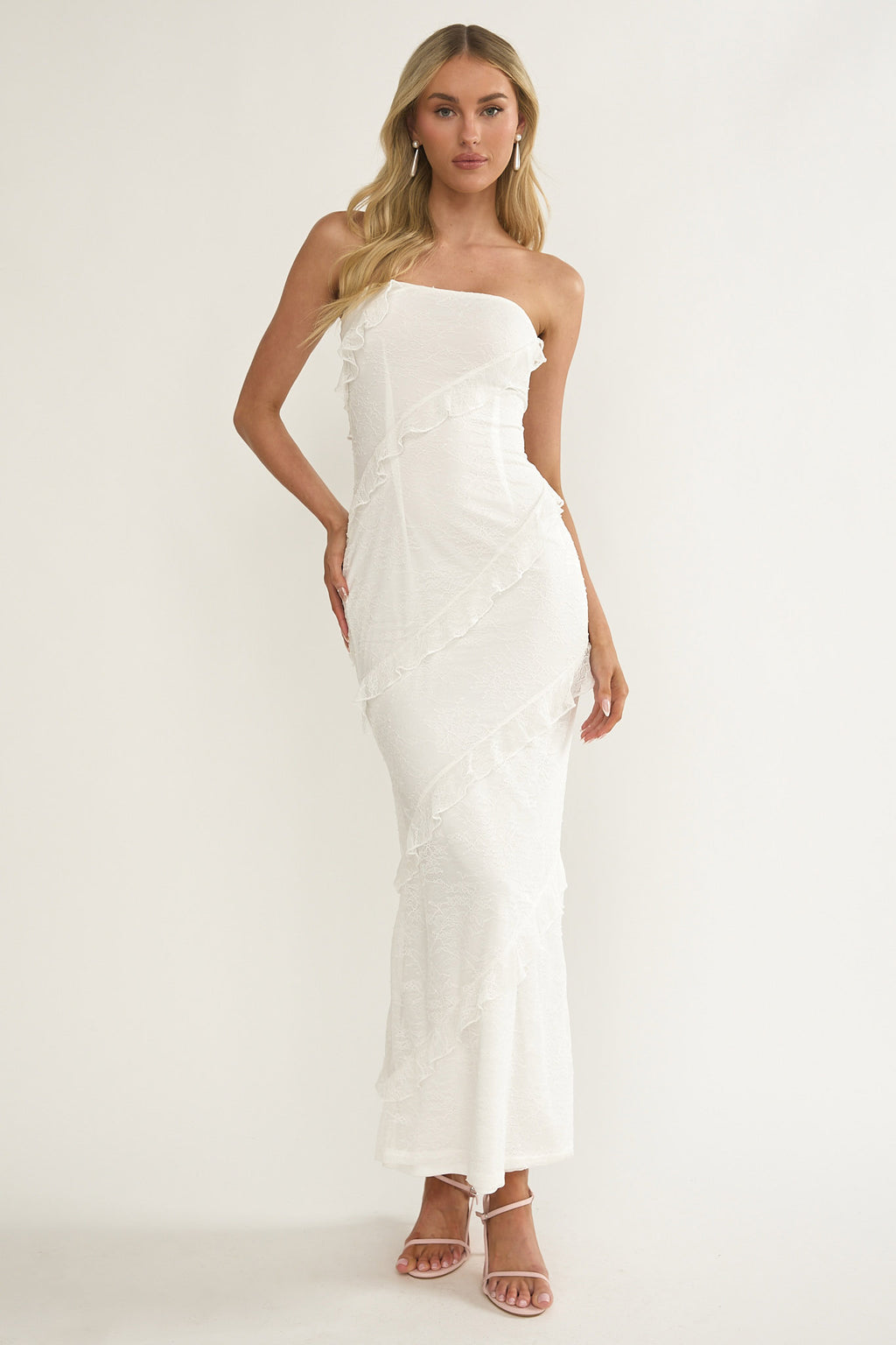 Metrics Strapless Frill Maxi Dress White