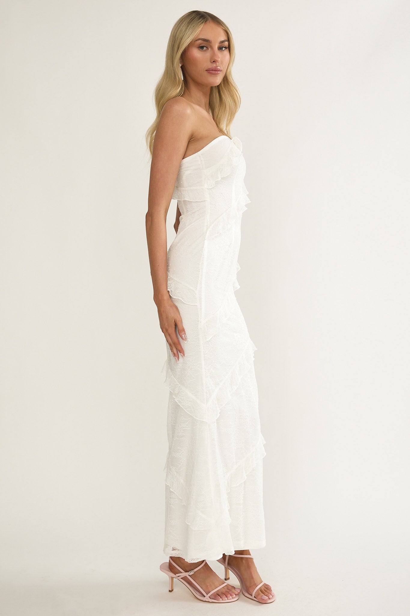 Metrics Strapless Frill Maxi Dress White by Selfie Leslie