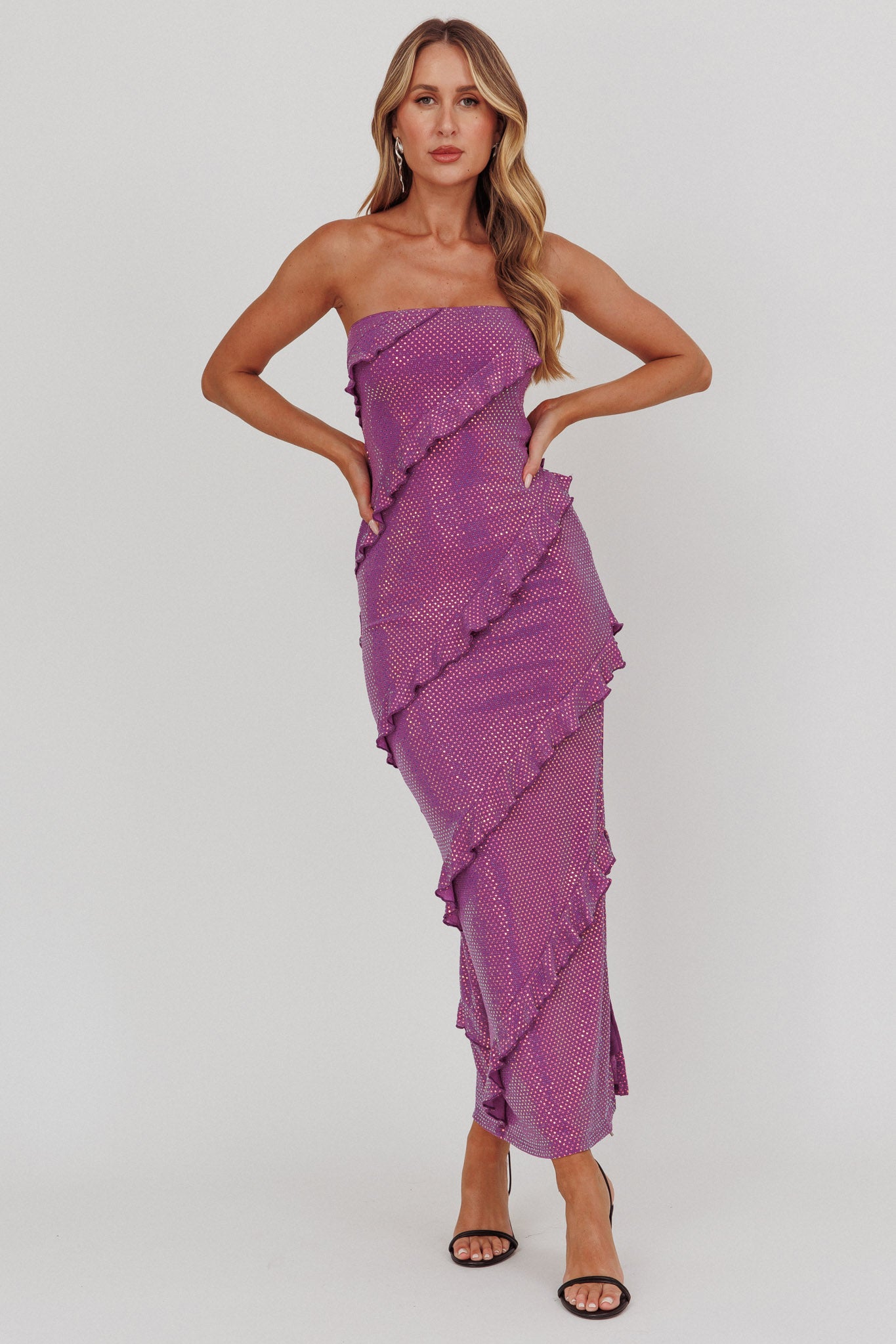 Metrics Strapless Frill Maxi Dress Purple by Selfie Leslie