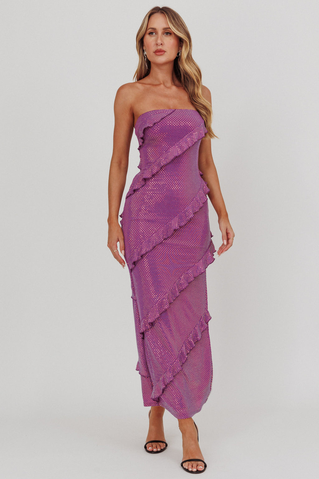 Metrics Strapless Frill Maxi Dress Purple by Selfie Leslie