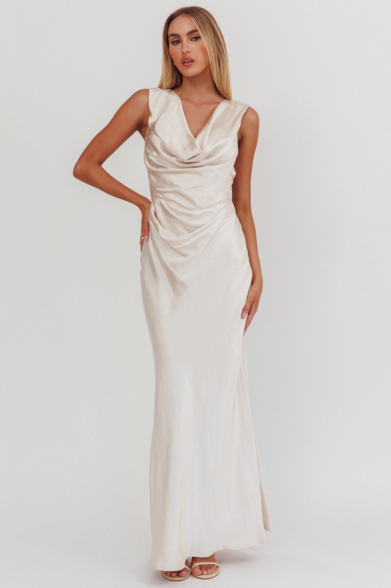 Chills Cowl Neck Satin Maxi Dress Champagne by Selfie Leslie