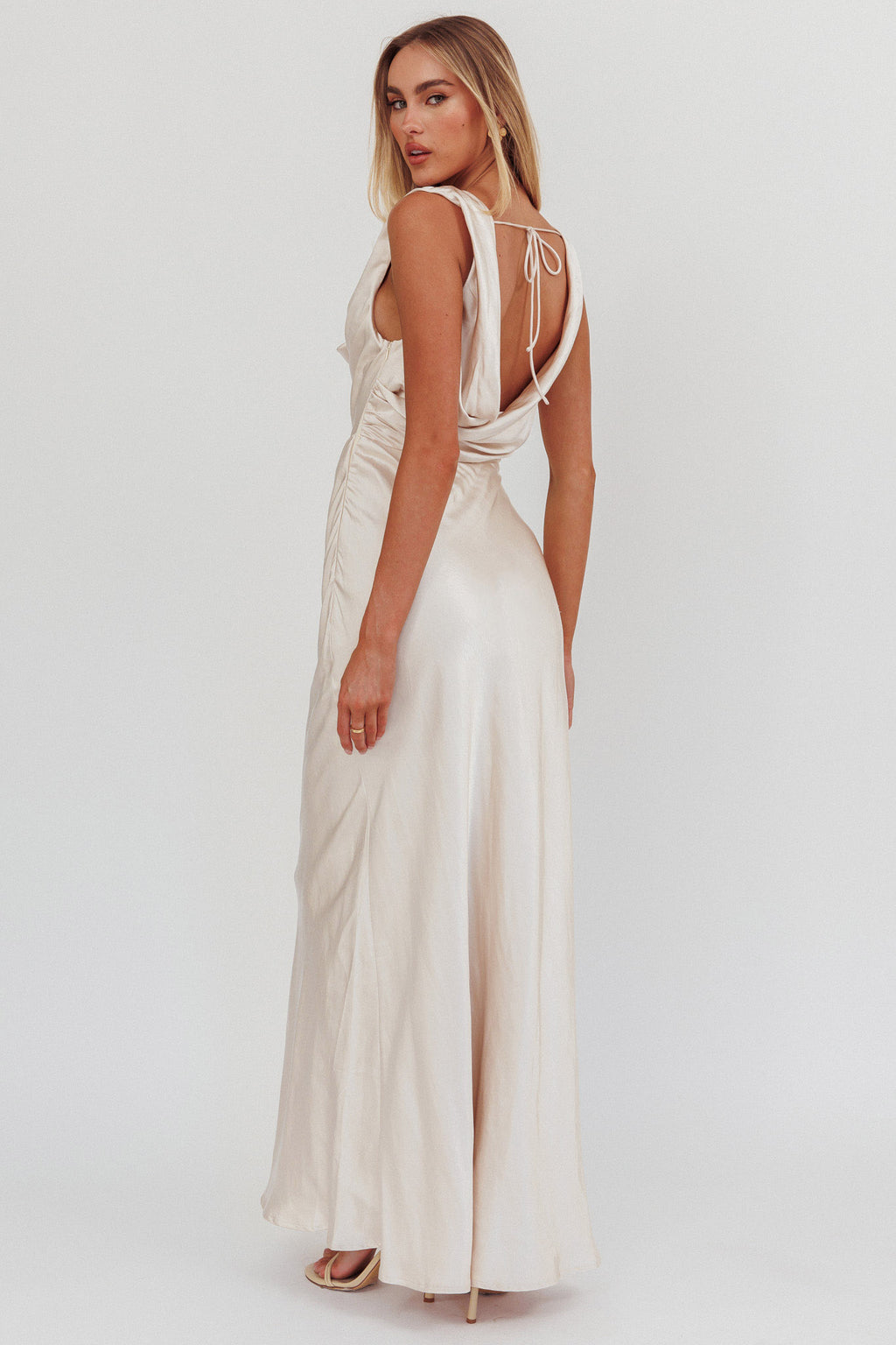 Chills Cowl Neck Satin Maxi Dress Champagne by Selfie Leslie