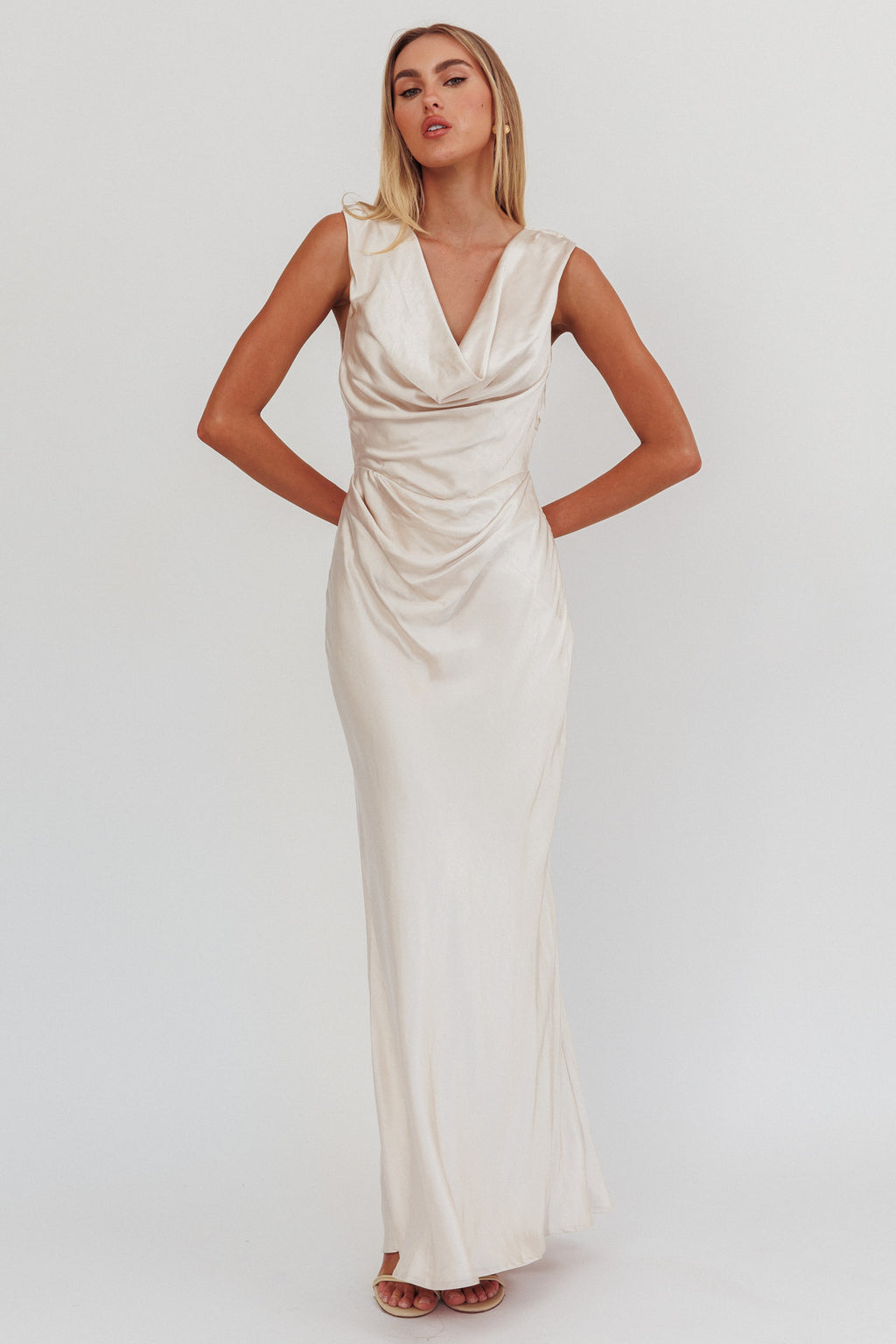 Chills Cowl Neck Satin Maxi Dress Champagne by Selfie Leslie