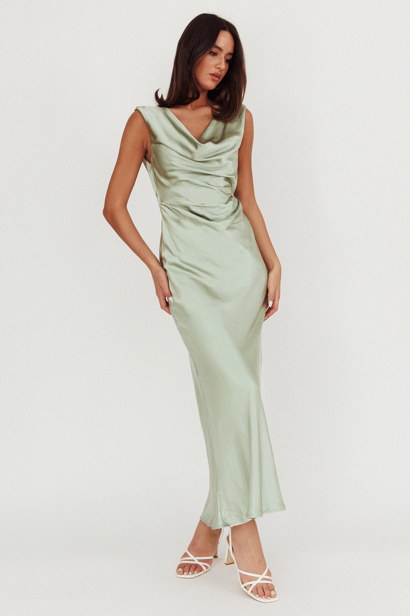 Chills Cowl Neck Satin Maxi Dress Sage by Selfie Leslie