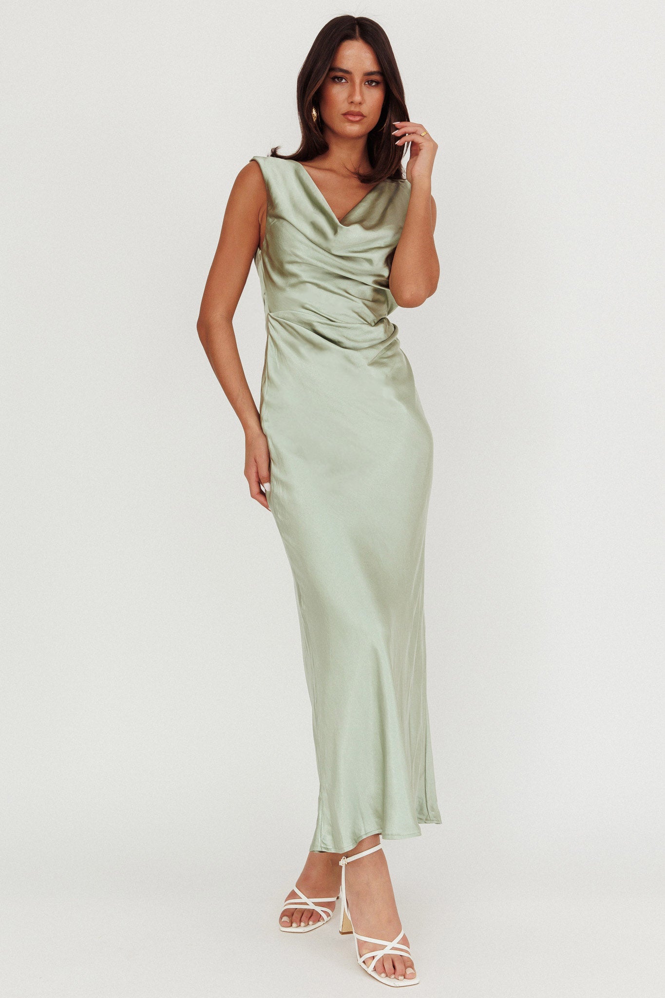 Chills Cowl Neck Satin Maxi Dress Sage by Selfie Leslie