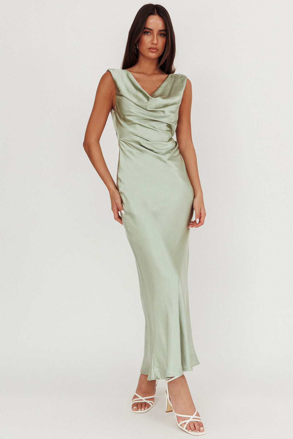 Chills Cowl Neck Satin Maxi Dress Sage by Selfie Leslie