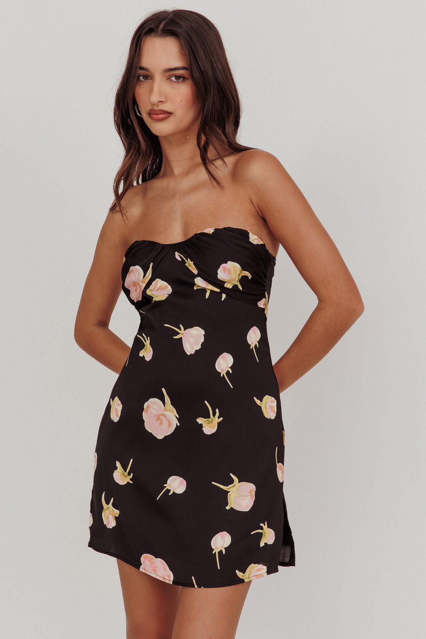 Sian Strapless Sweetheart Mini Dress Flowers Black by Selfie Leslie
