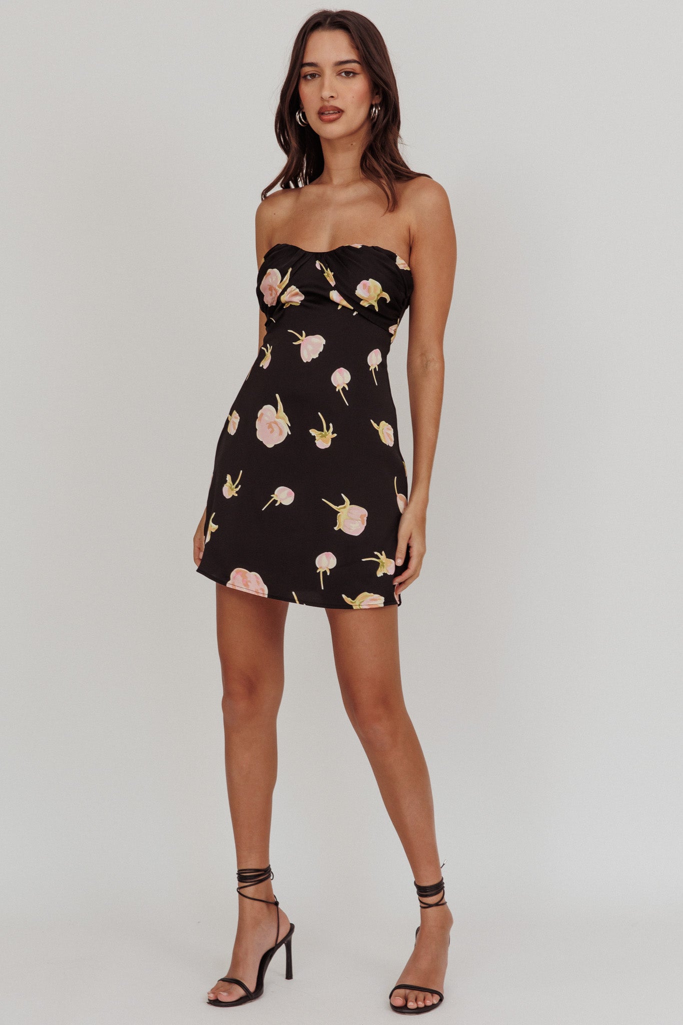 Sian Strapless Sweetheart Mini Dress Flowers Black by Selfie Leslie