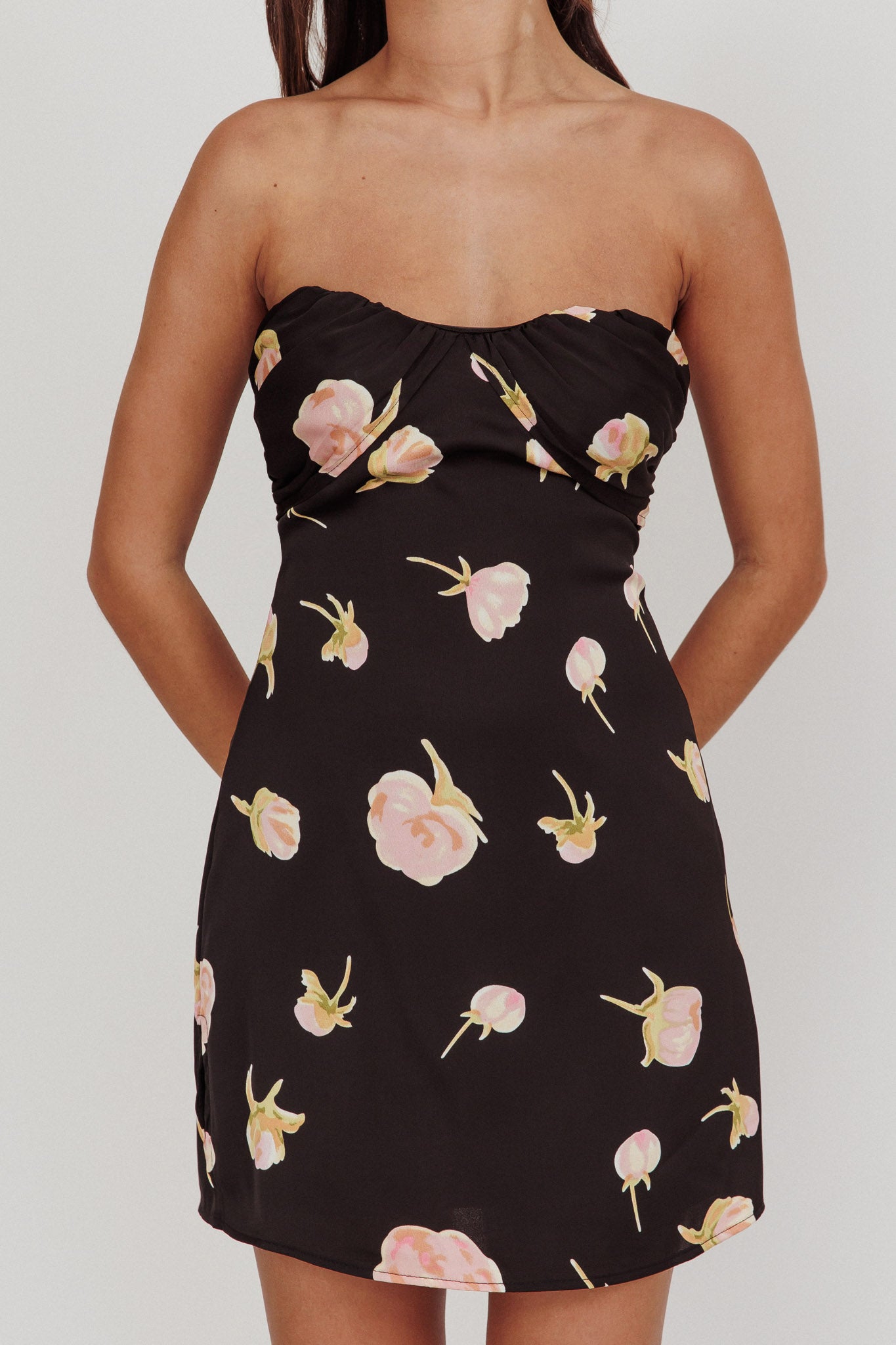 black floral strapless dress Sian Strapless Sweetheart Mini Dress Flowers Black