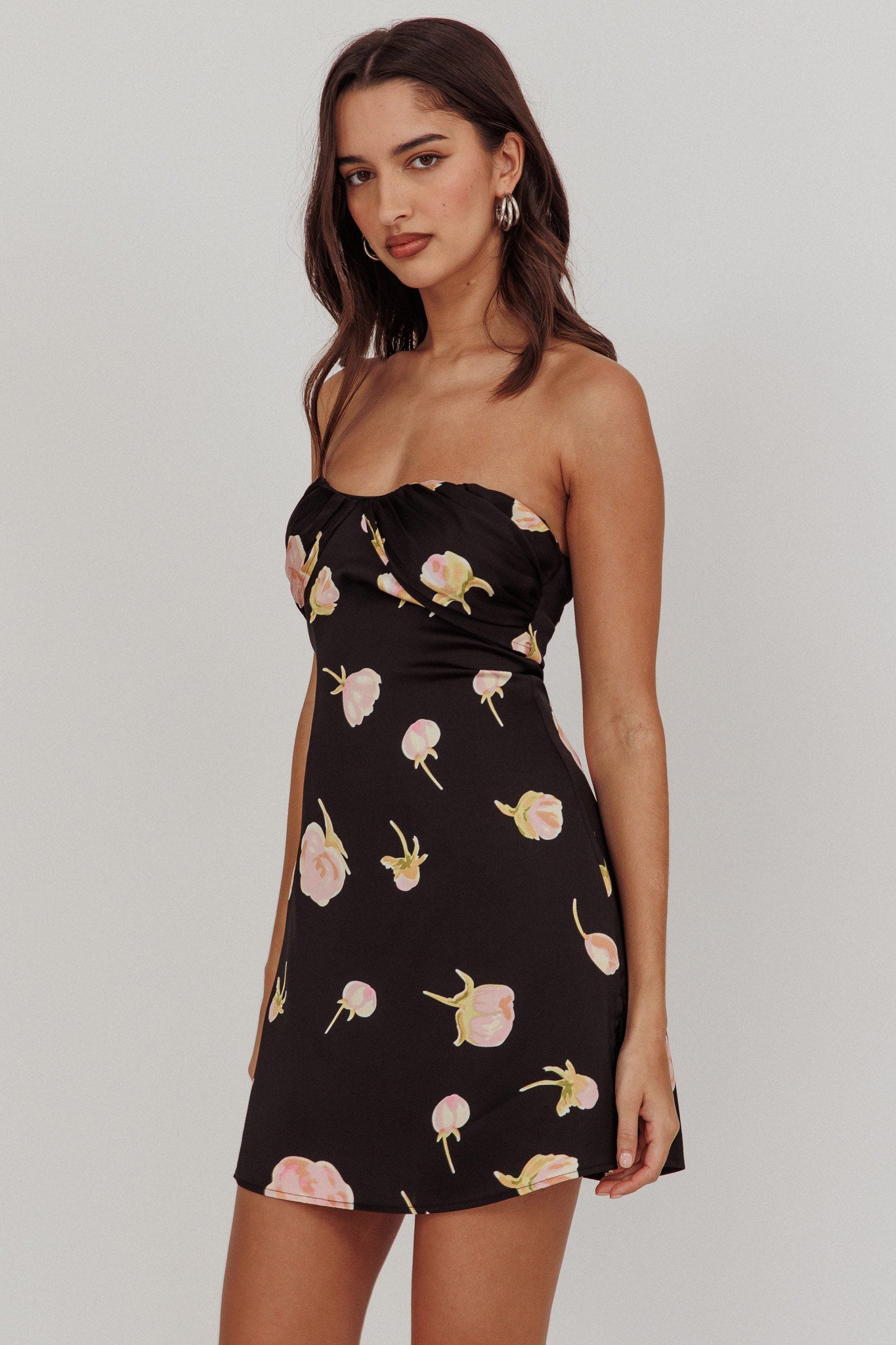 Sian Strapless Sweetheart Mini Dress Flowers Black by Selfie Leslie