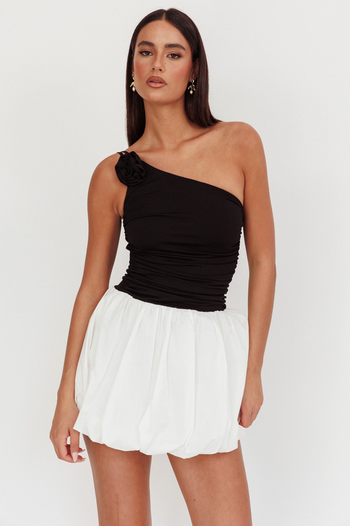 black and white bubble dress Corinthia One-Shoulder Bubble Mini Dress Black/White