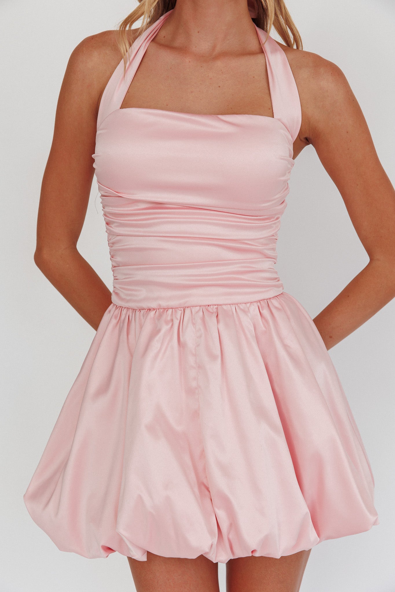 Angelico Halterneck Balloon Mini Dress Pink by Selfie Leslie