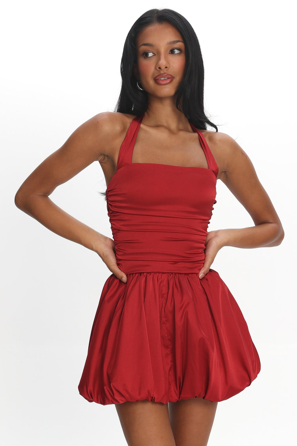 Angelico Halterneck Balloon Mini Dress Wine