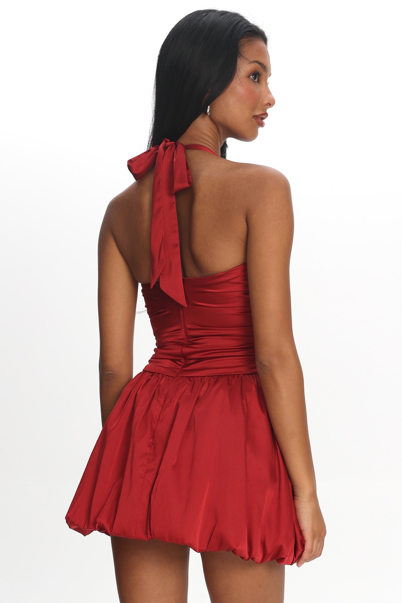 Angelico Halterneck Balloon Mini Dress Wine