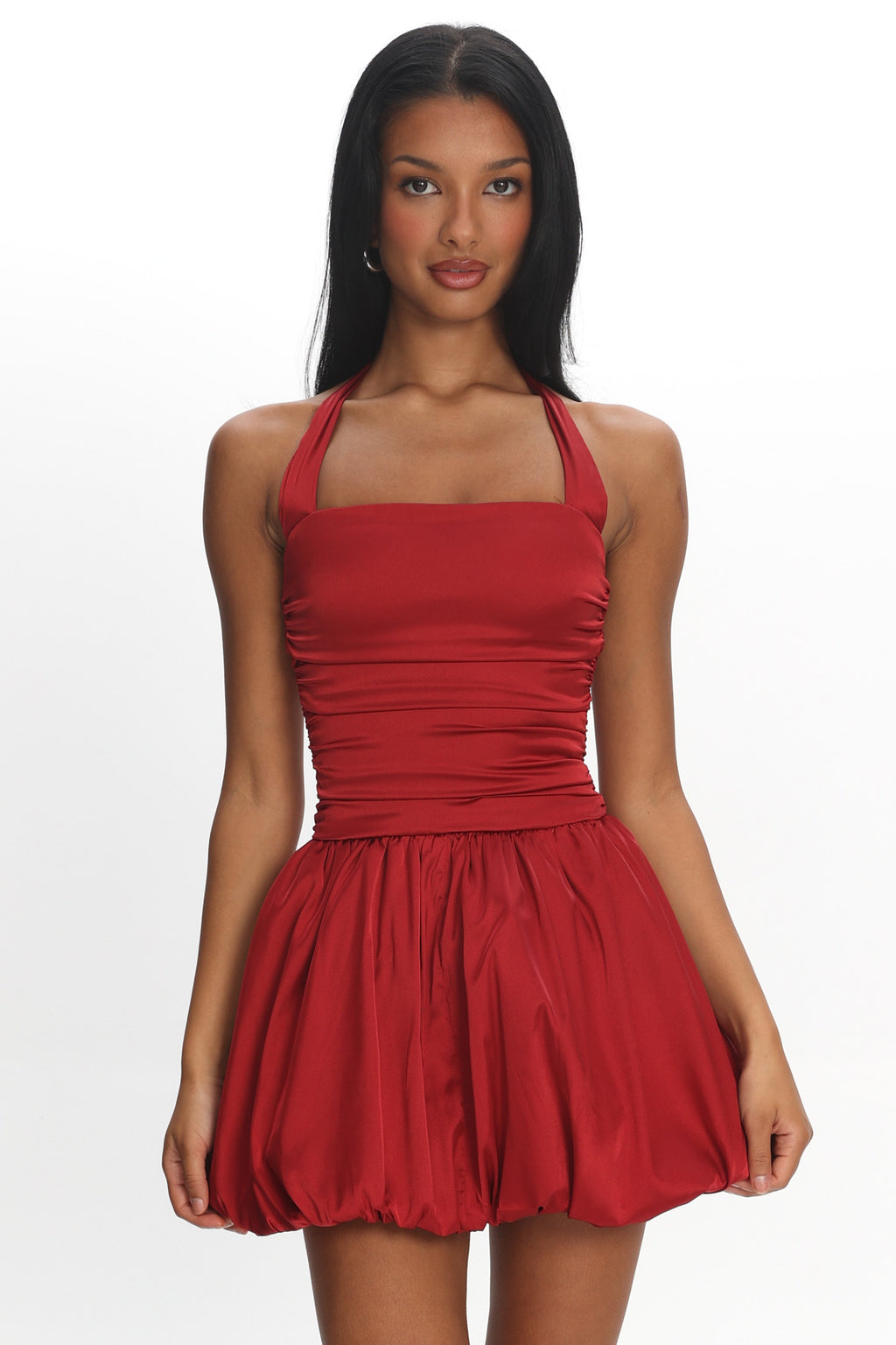 Angelico Halterneck Balloon Mini Dress Wine