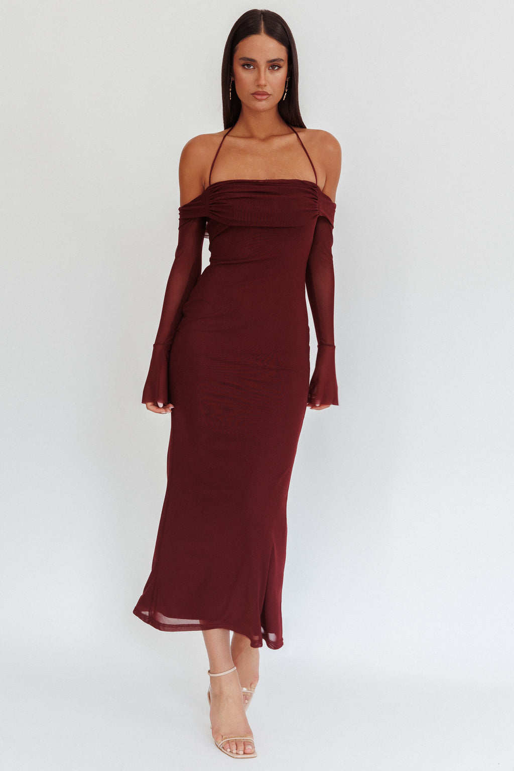 Numbers Game Off-Shoulder Halter Maxi Dress Chocolate by Selfie Leslie