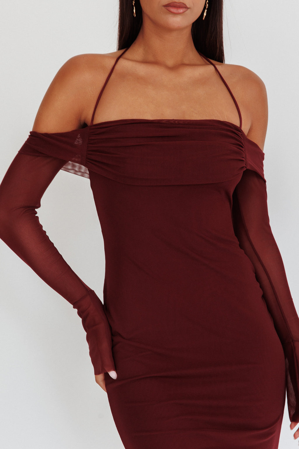 Numbers Game Off-Shoulder Halter Maxi Dress Chocolate by Selfie Leslie