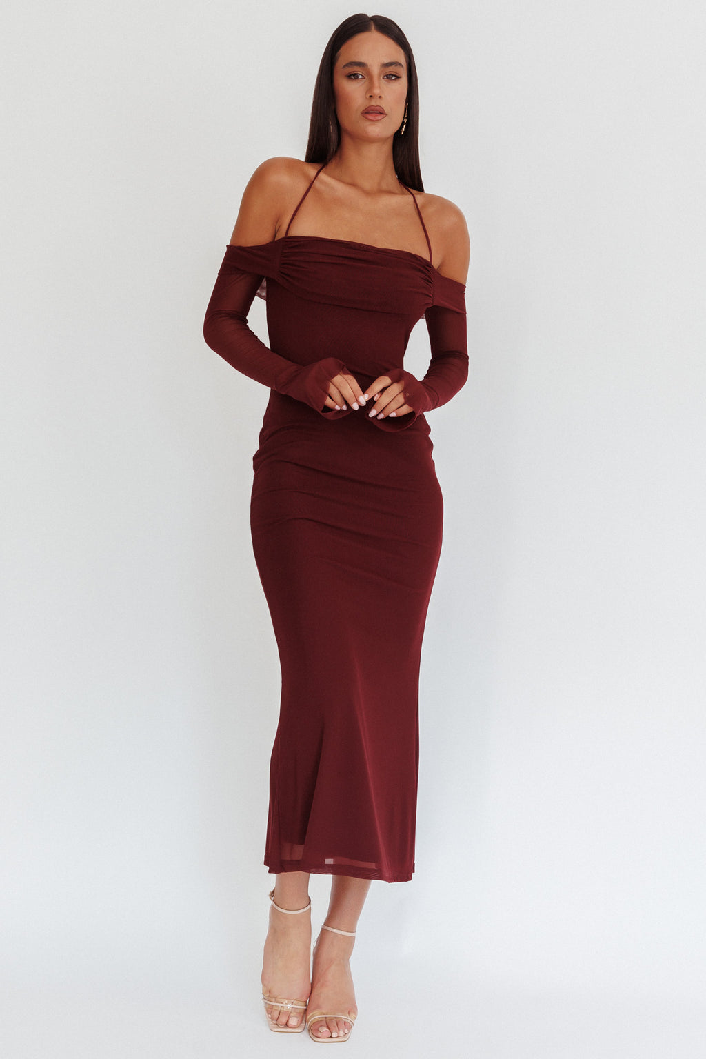 Numbers Game Off-Shoulder Halter Maxi Dress Chocolate by Selfie Leslie